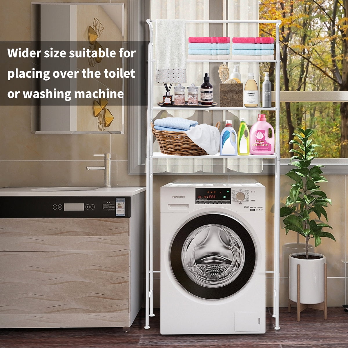 Over The Toilet Storage HONEIER  3 Tier Bathroom Shelf with Towels Hanging Rod, 62*24 inch Metal Bathroom Organizer Storage Rack, White - Image 6