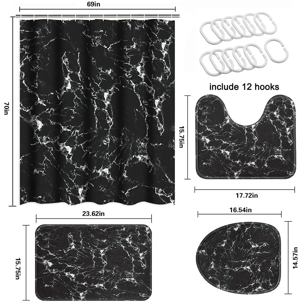 16-Piece Black Marble Shower Curtain Sets with Rugs, Modern Abstract Bathroom Sets, Waterproof Fabric Bathroom Curtai... - Image 4