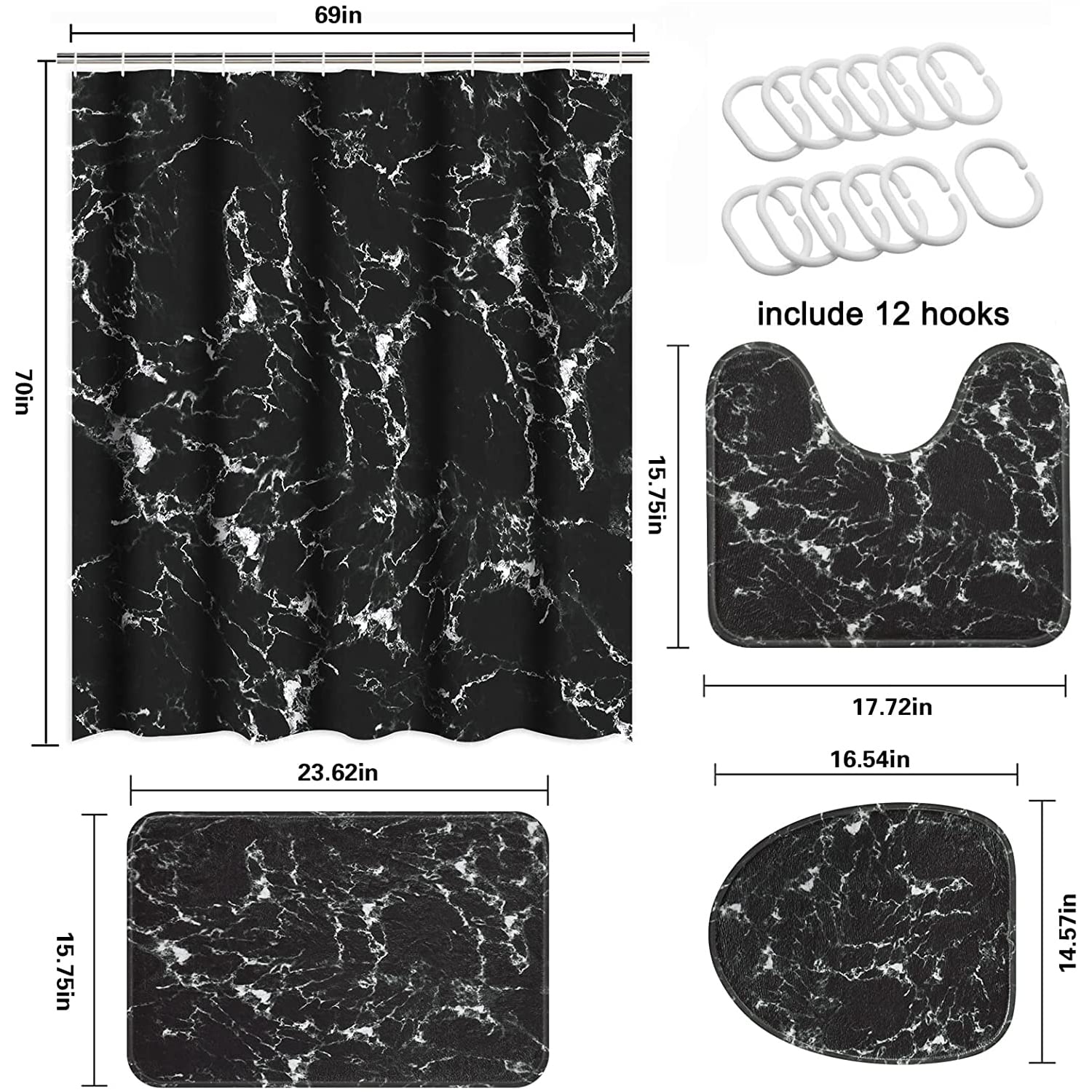 16-Piece Black Marble Shower Curtain Sets with Rugs, Modern Abstract Bathroom Sets, Waterproof Fabric Bathroom Curtai... - Image 4