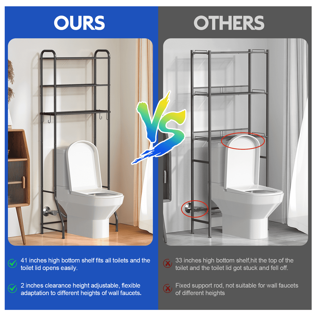 3 Over The Toilet Storage Rack, Bathroom Organizer Shelves Cabinet Above Toilet, Freestanding Shelf Space Saver, Black - Image 5
