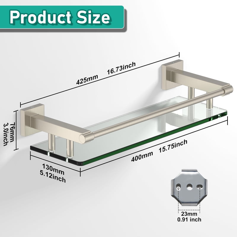 Glass Shelves for Bathroom, 16IN Brushed Nickel Bathroom Shelves for Wall Rectangular Stainless Steel Tempered Glass Modern use for Shelf Si - Image 4
