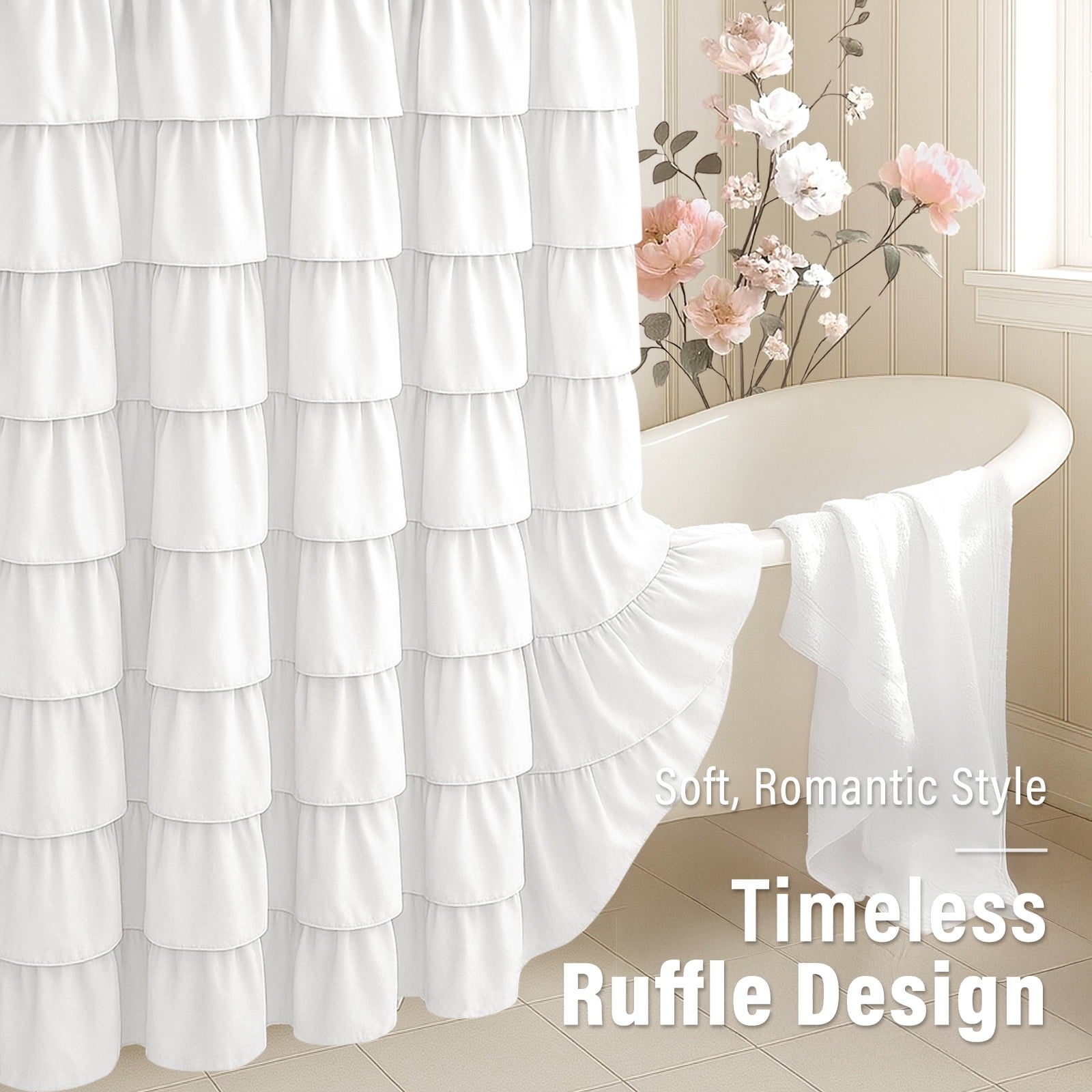 Seasonwood White Ruffle Shower Curtain,Farmhouse Fabric Bathroom Curtain,72" x 72" - Image 6