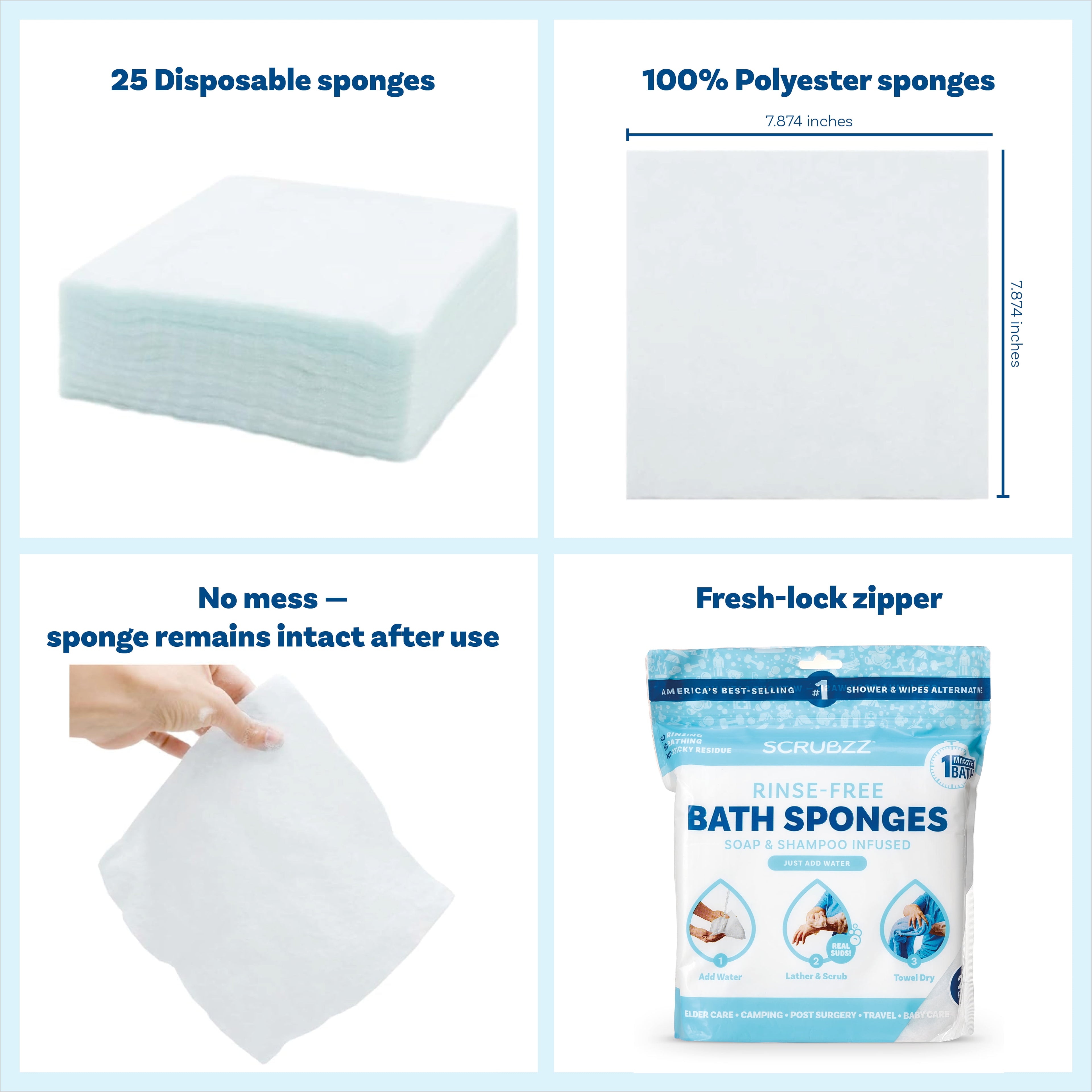 Scrubzz Rinse Free Bath Sponge, No Rinse Bath Wipes - 25 Count - 1 Pack - Image 4