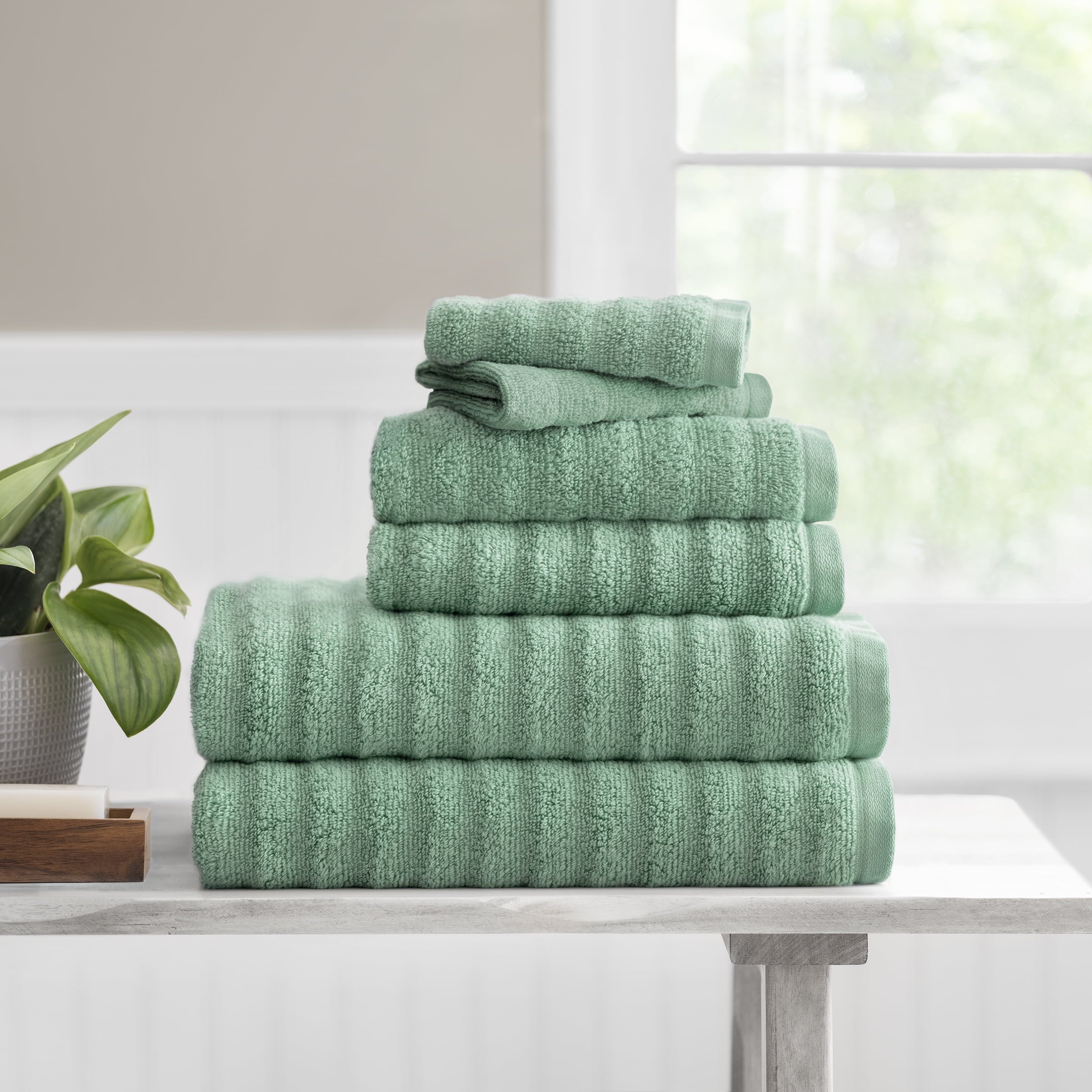 6-Piece Bath Towel Set, Super Soft Quick Dry Fade Resistant, Textured Green - Image 2