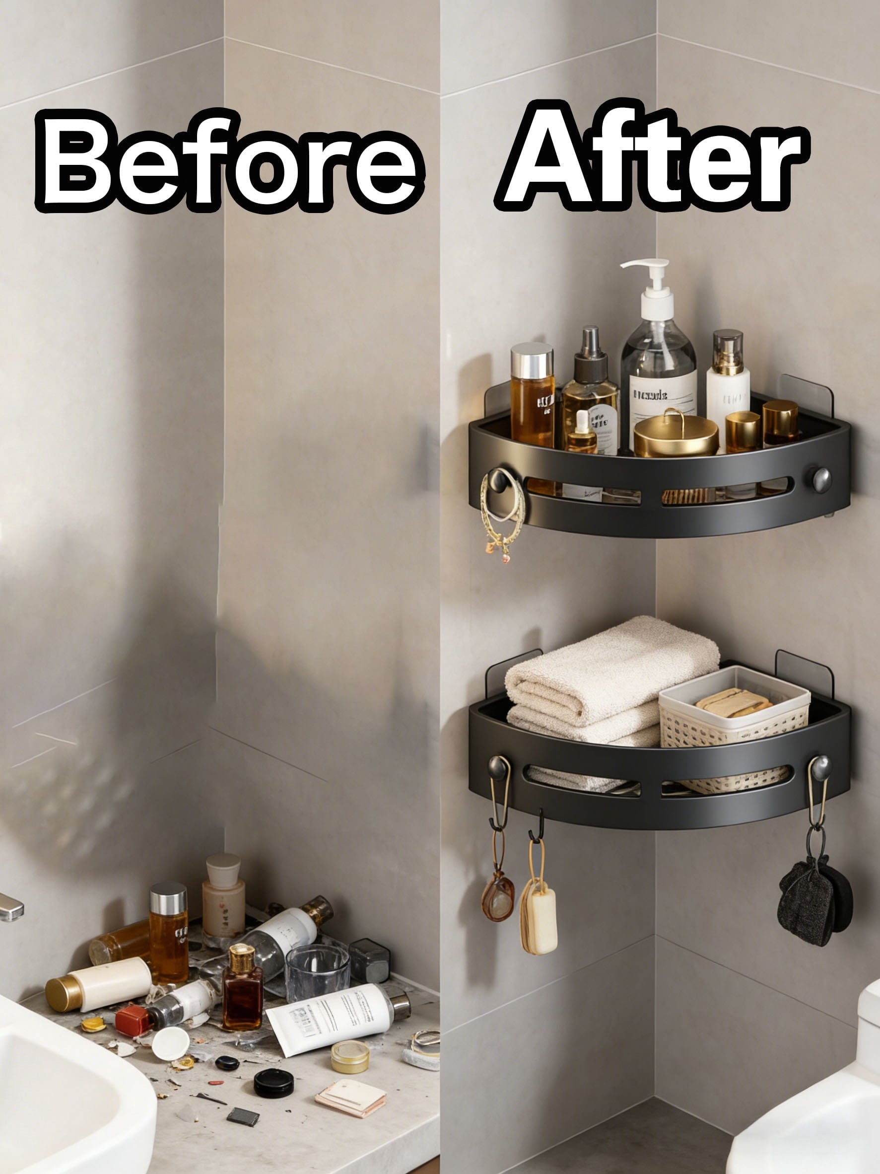 3-Tier Shower Corner Shelf, Adhesive and Screw Mount Bathroom Corner Shower Caddy Organizer, PP Material Hooks Space-... - Image 2