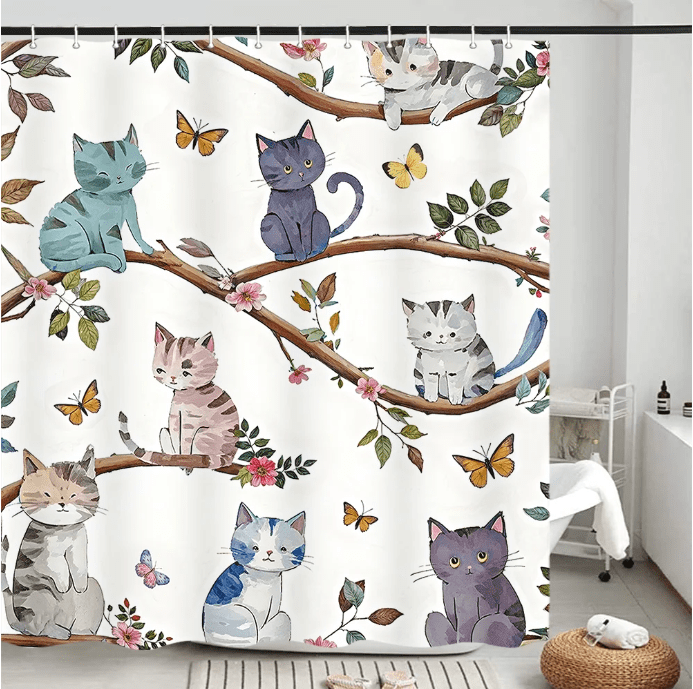 Kids Cute Cat Shower Curtain, Cartoon Pet Kitten Cute Watercolor Pattern Bathroom Shower Curtain Decor, Cute Animal F... - Image 2