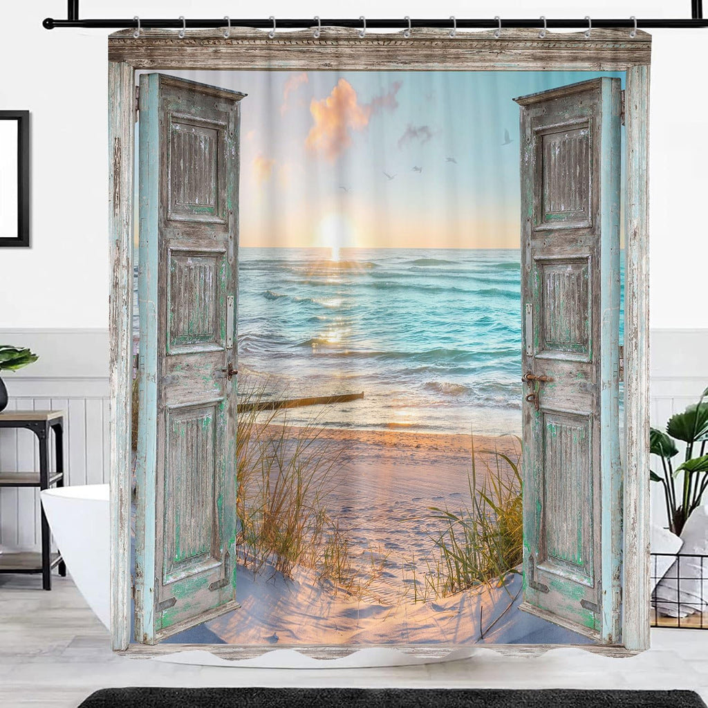 Shower Curtain, Teal Ocean Sunrise Seaside Seascape Nautical y Shower Curtain Set, Rustic Barn Door Seashore Fabric S... - Image 4