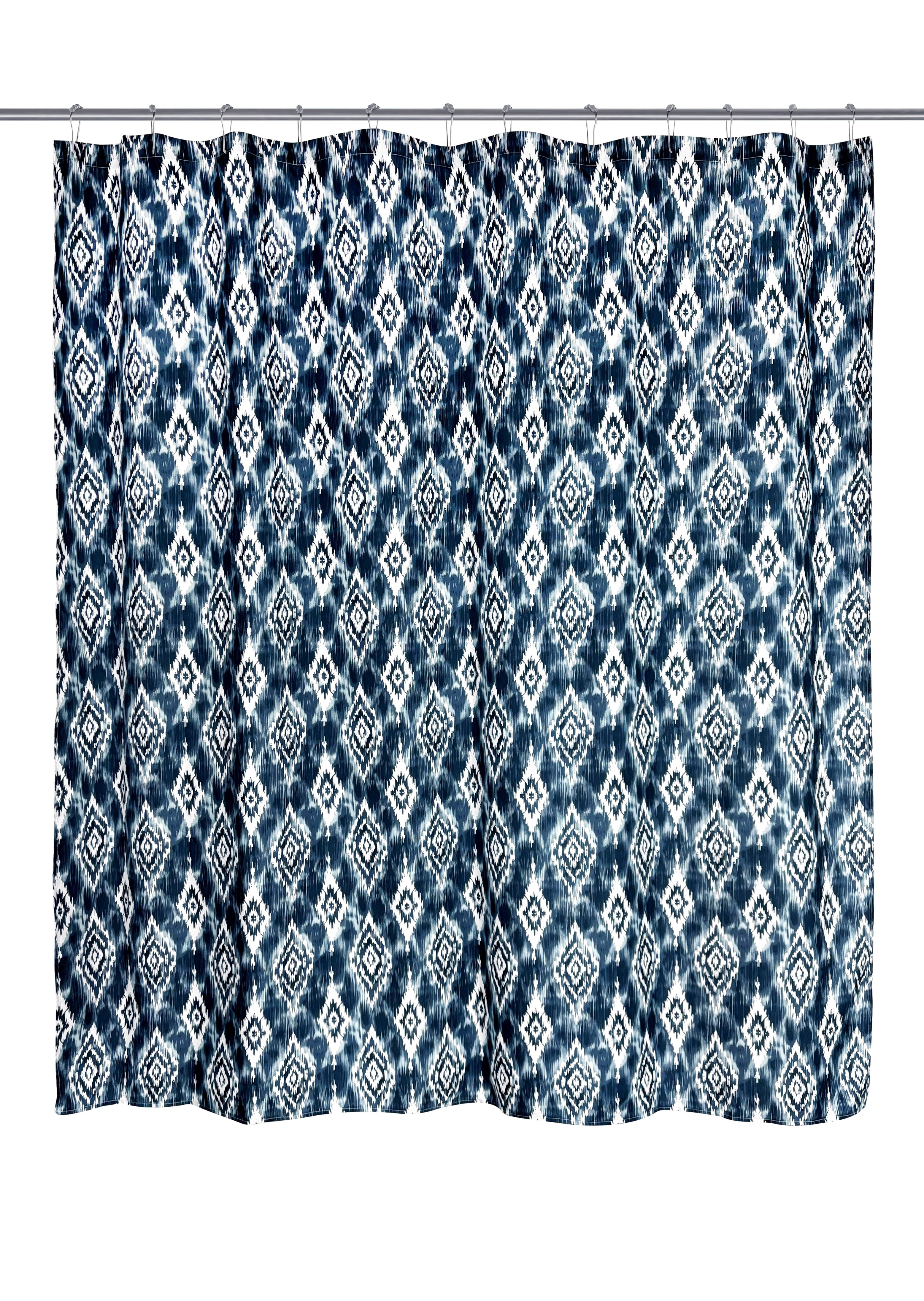 Mainstays 16-Piece Blue Ikat Shower Curtain Bathroom Set  Fabric Curtain with Rug, Hooks, Soap Dispenser & Tray - Image 4