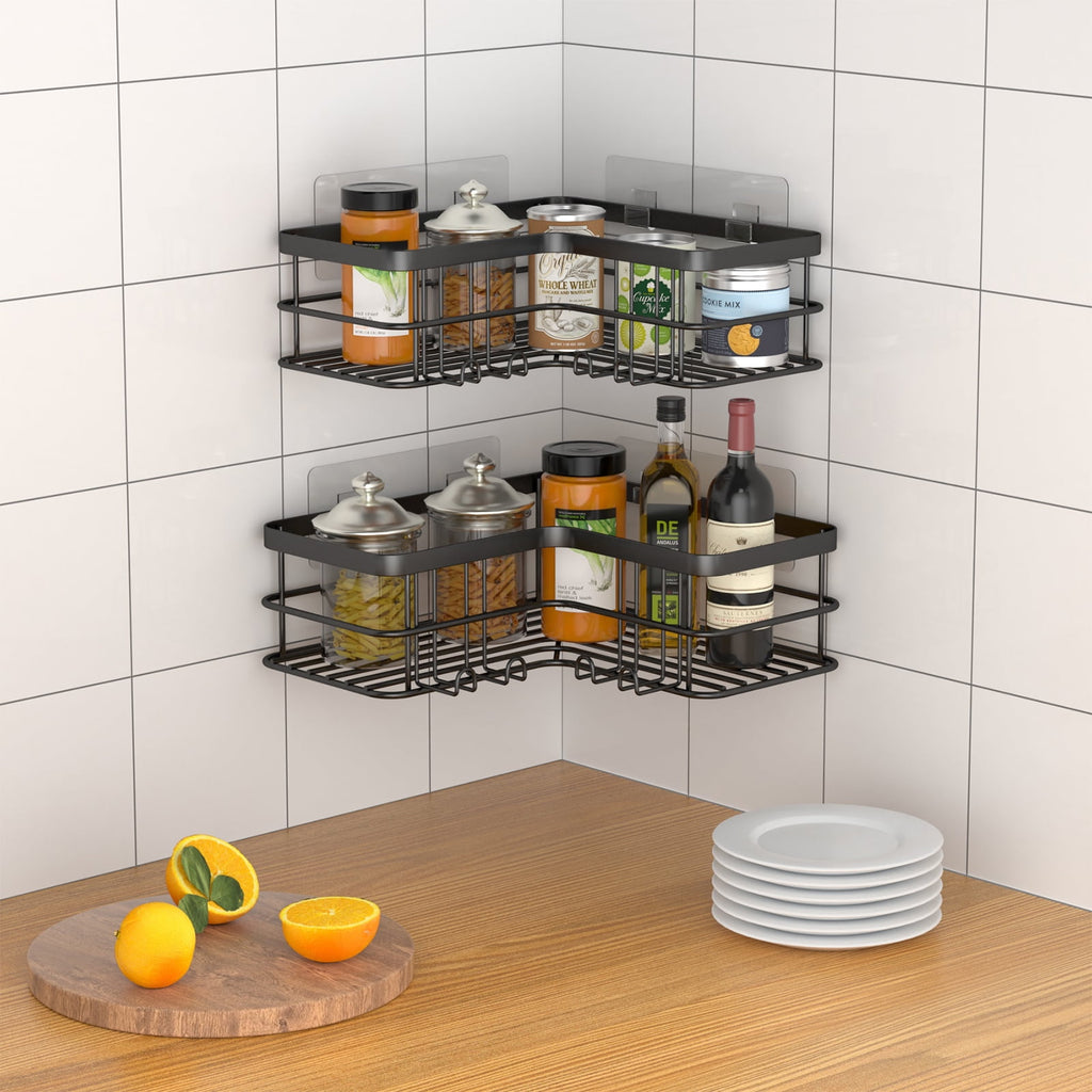 2-Shelf Caddy Corner, No Drill Rustproof Stainless Steel Bathroom Organizer Wall Mounted with 8 Hooks,Black - Image 5