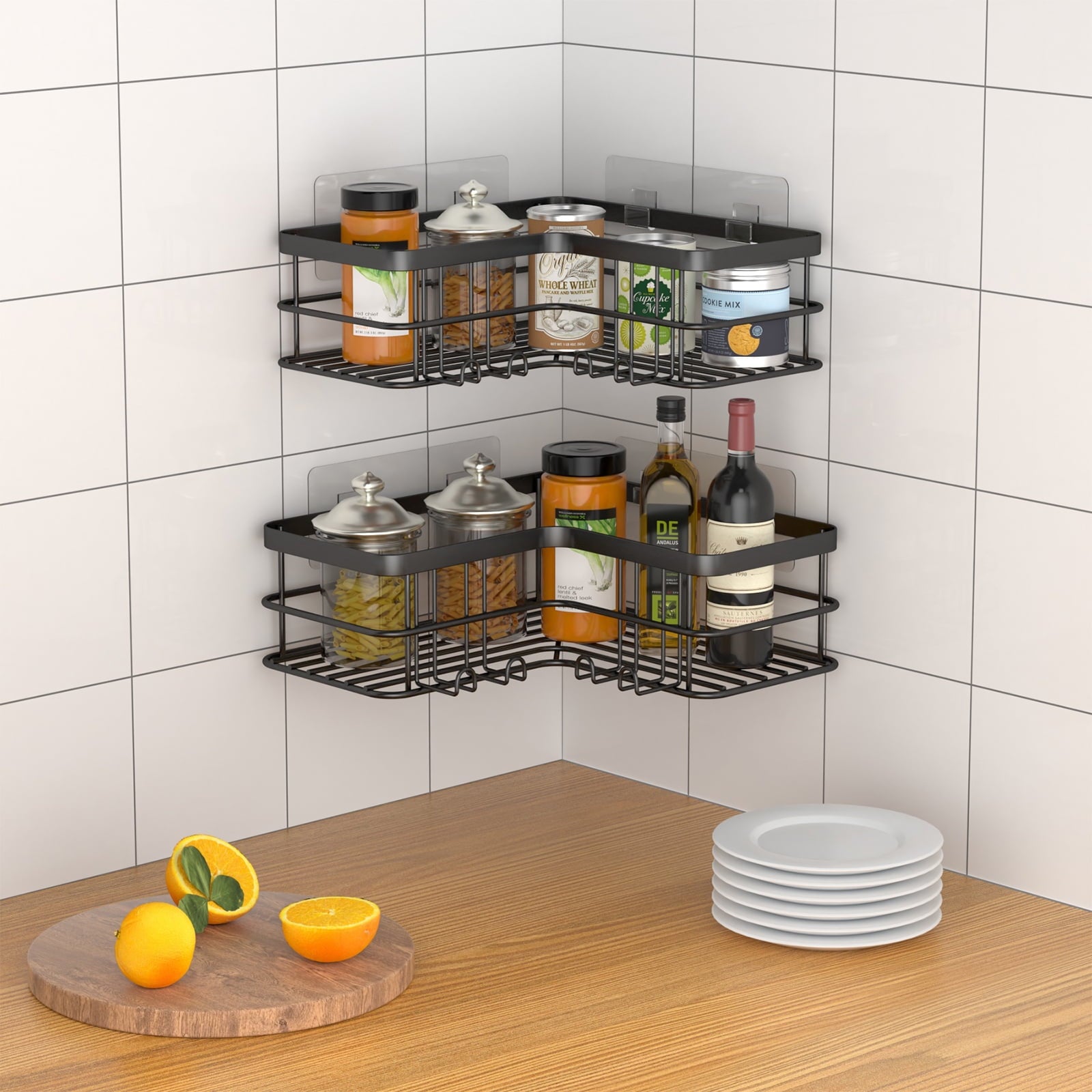 2-Shelf Caddy Corner, No Drill Rustproof Stainless Steel Bathroom Organizer Wall Mounted with 8 Hooks,Black - Image 5