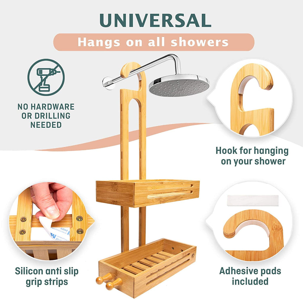 Bamboo Hanging Shower Caddy - Adult 2-Shelf 2-Compartment Bamboo Over-the-Shower Head Shower Caddy, 1 Count - Image 3