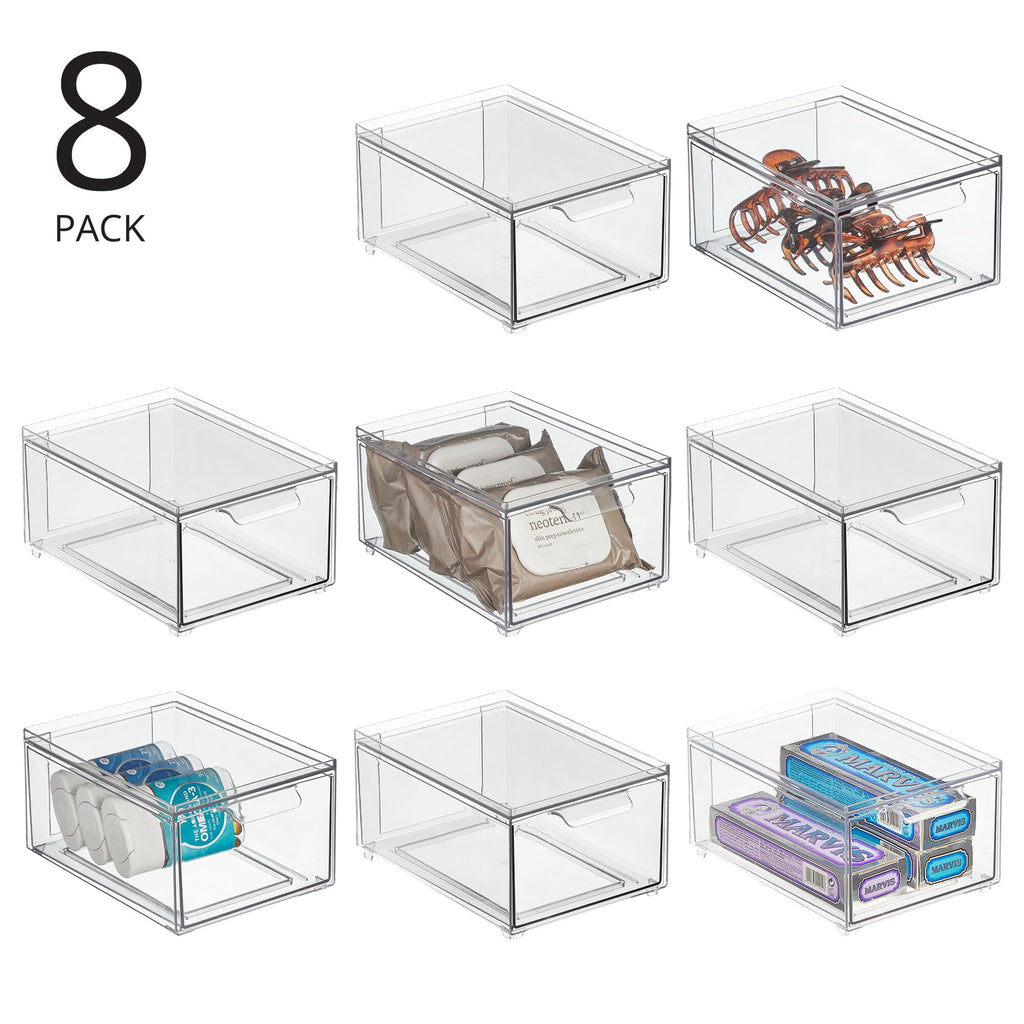 Plastic Stackable Bathroom Storage Organizer with Drawer, 8 Pack, Clear - Image 2