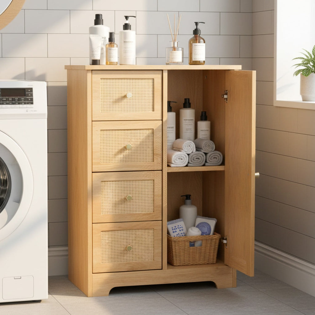 Ktaxon Wooden Bathroom Floor Cabinet, Side Storage Organizer with 4 Drawers, 1 Cupboard & 2-Shelves, Rattan - Image 2