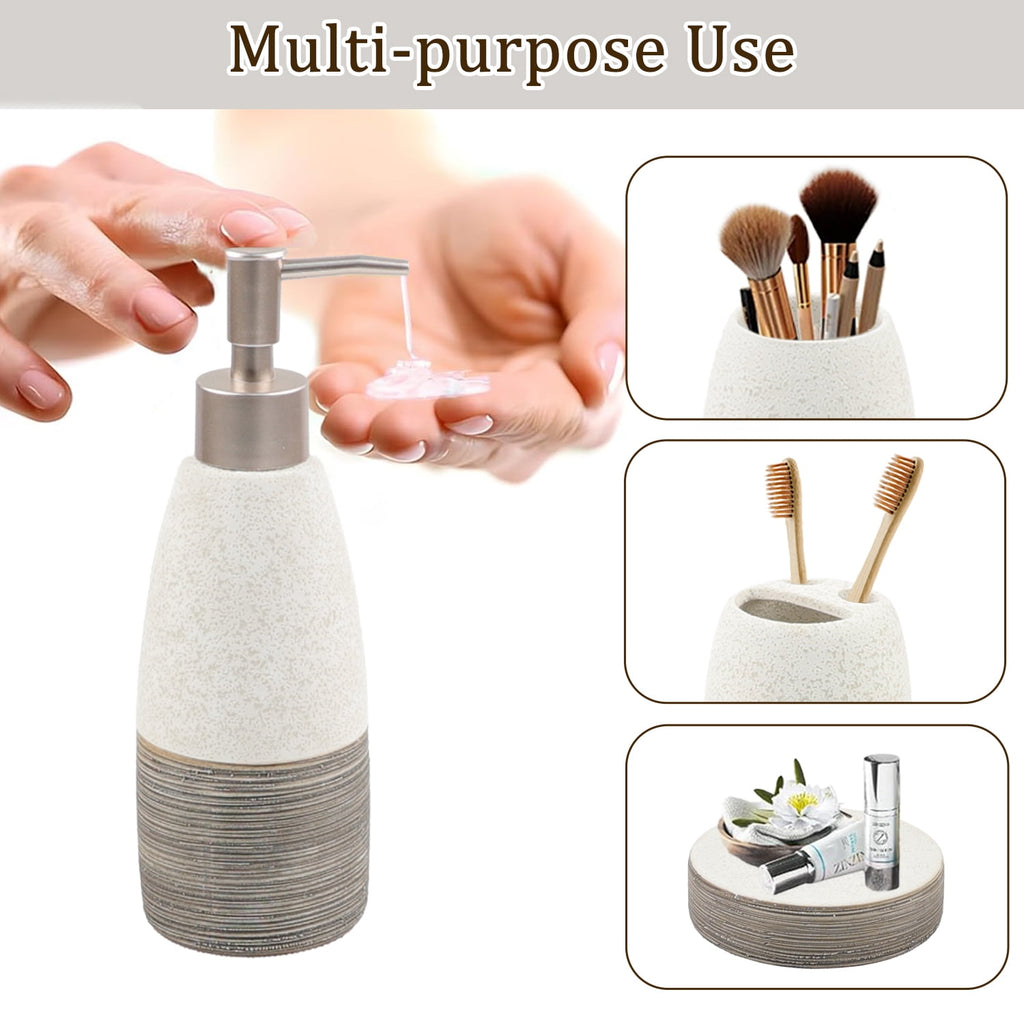 Deluxe Dual Tone White with Clay Bathroom Accessories Set 4 Pcs - Toothbrush Holder, Lotion Soap Dispenser, Bathroom ... - Image 3