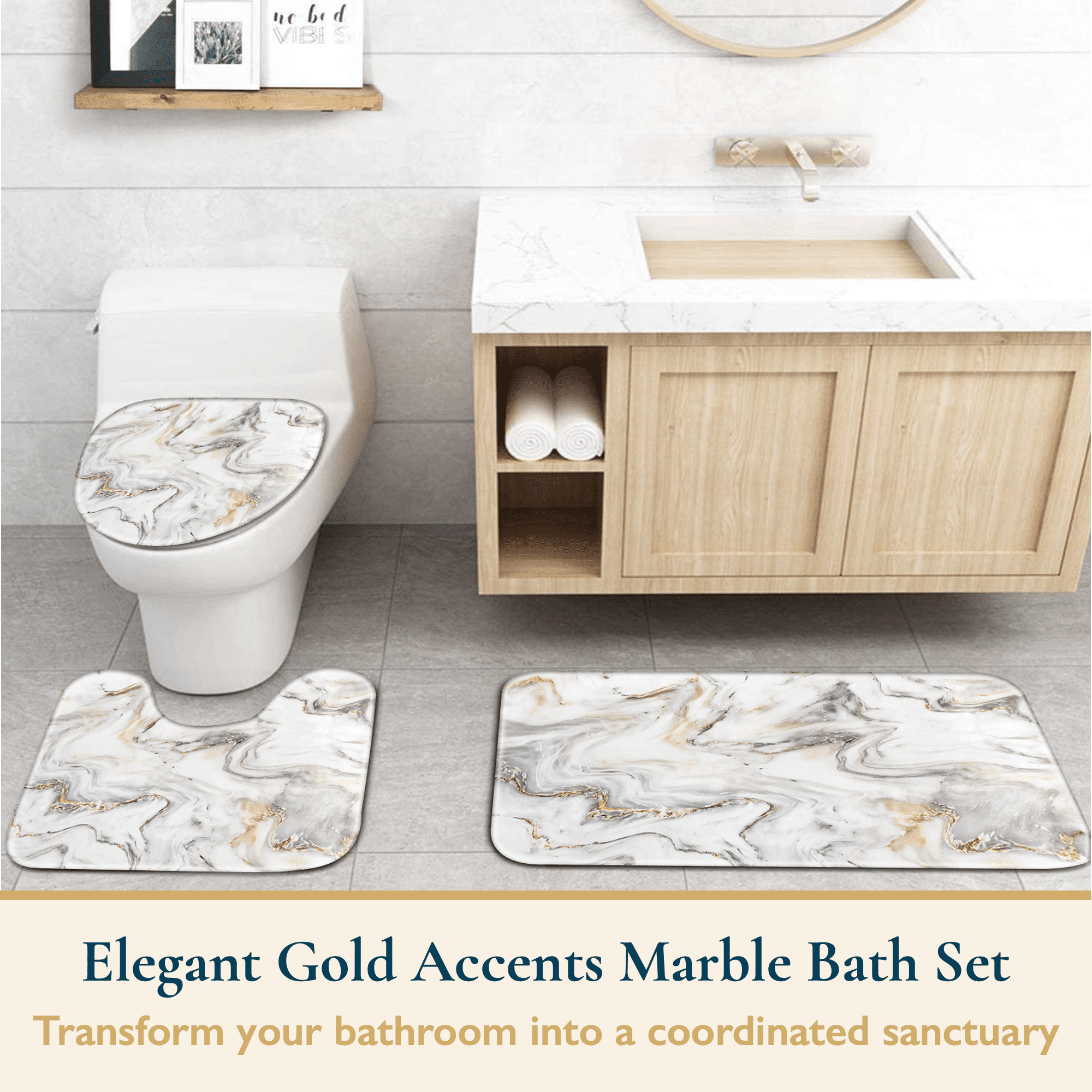 Bathroom Sets with Shower Curtain, Rugs and Hooks - Memory Foam Anti-Slip Washable Bath Mats & Toilet Lid Cover, Fabr... - Image 2