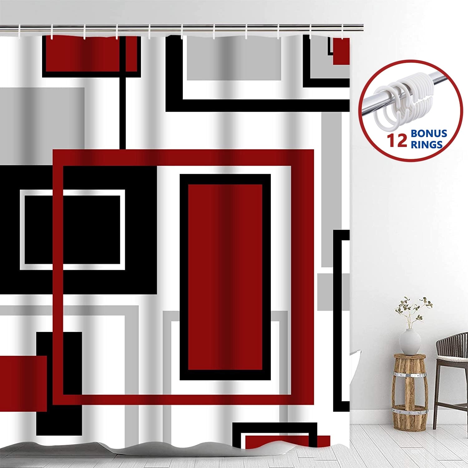 Red Black Geometric Shower Curtain and Rug Sets, 16 Pc Modern Abstract Bathroom Sets, Waterproof Fabric Shower Curtai... - Image 3