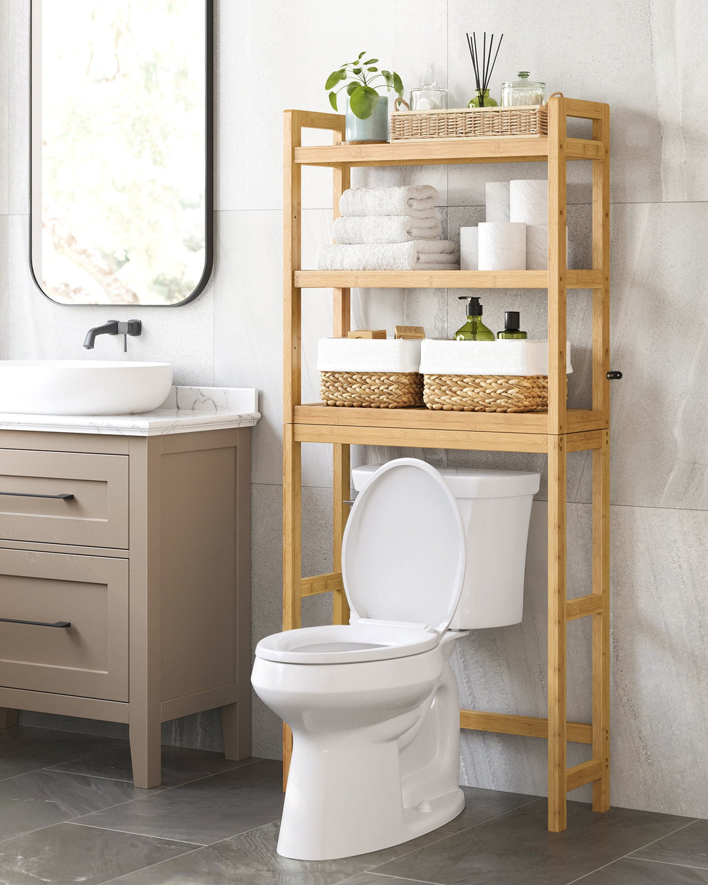 3-Tier The Toilet Storage Bamboo Toilet Shelf Bathroom Storage Organizer with Adjustable Shelf Natural - Image 5