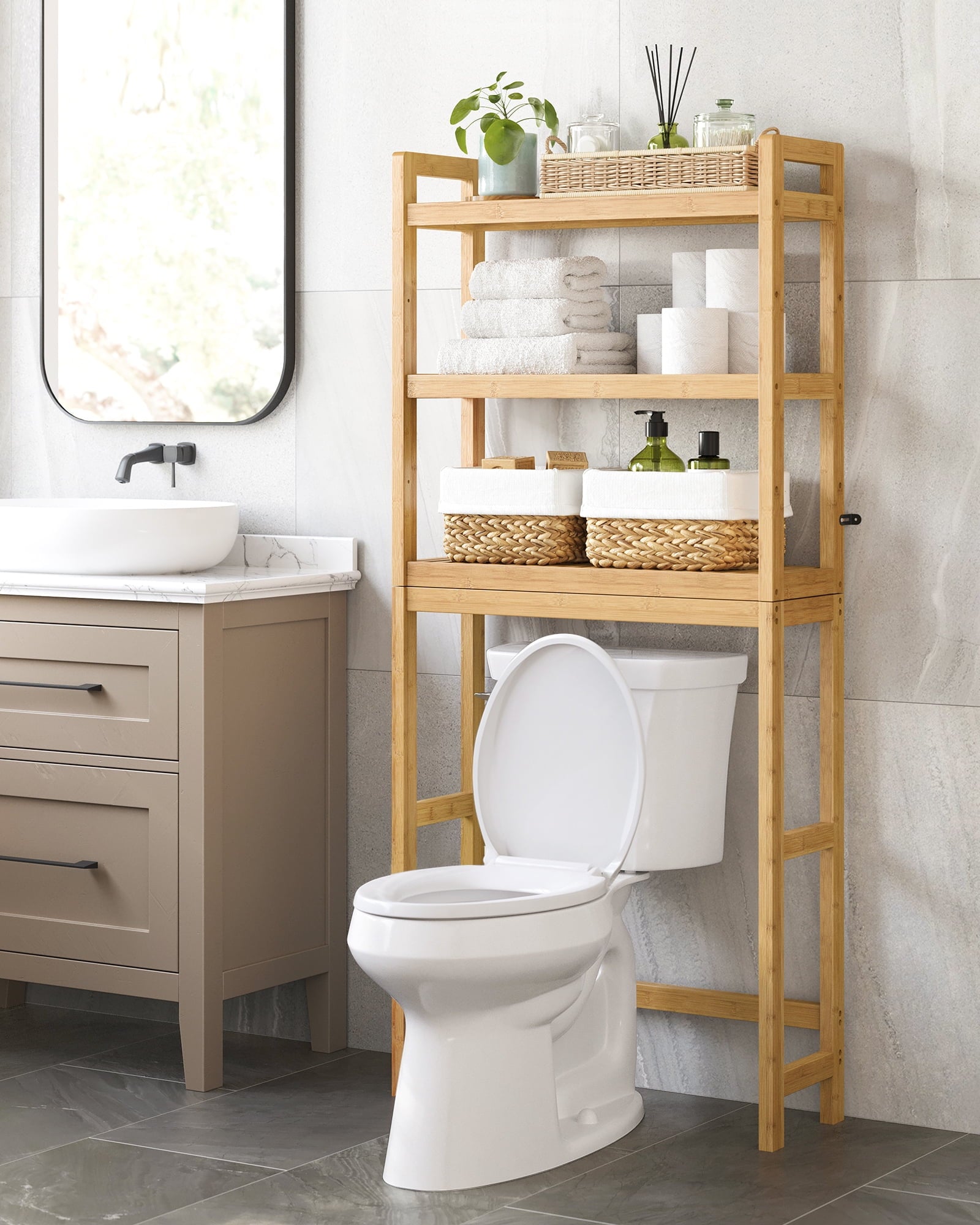 3-Tier The Toilet Storage Bamboo Toilet Shelf Bathroom Storage Organizer with Adjustable Shelf Natural - Image 5