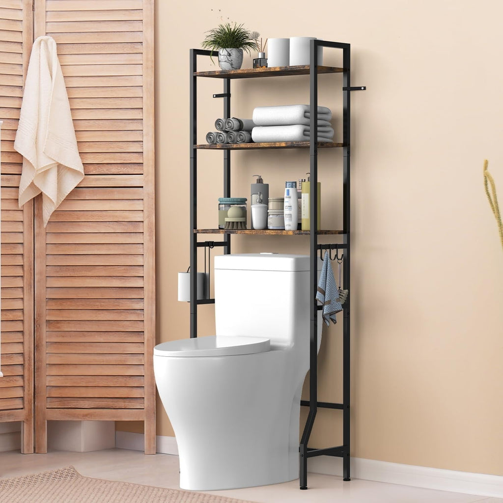 Over The Toilet Storage Shelf, 3-Tier Bathroom Organizer with Toilet Paper Holder and 3 Hooks, Freestanding Shelving for Restroom, Laundry, - Image 6