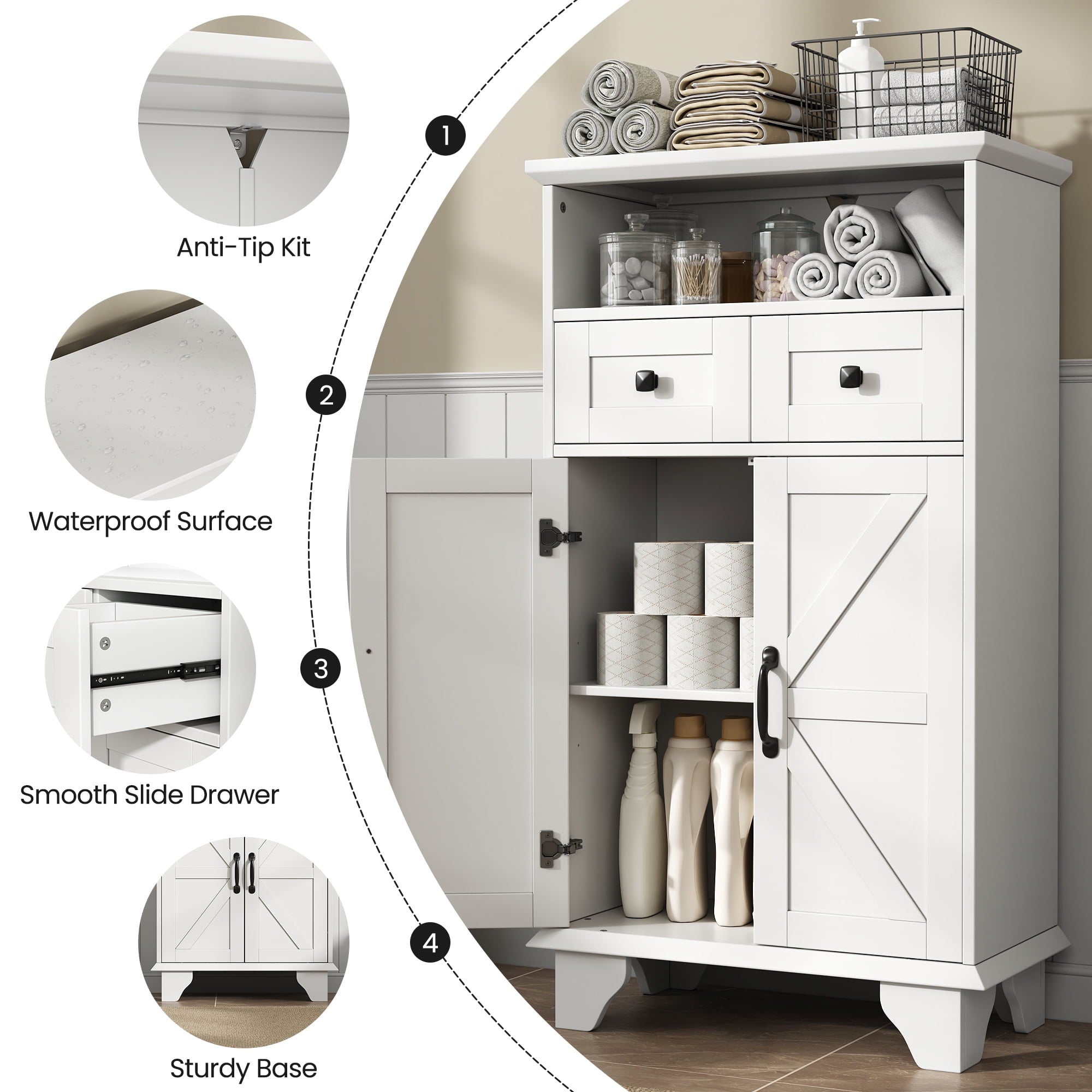 Bathroom Storage Cabinet with Doors and Drawers,Farmhouse White Bathroom Floor Cabinet freestanding with Adjustable S... - Image 4