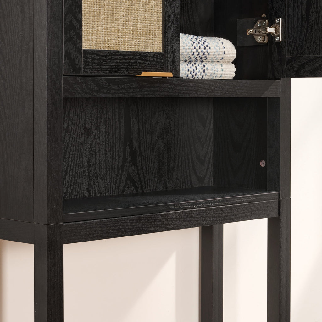 Over The Toilet Storage Cabinet with Adjustable Shelf, Bathroom Organizer Rattan Doors & Gold Handle, Black Oak - Image 6
