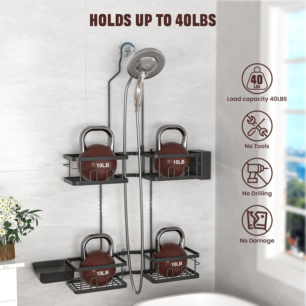 Adjustable Shower Caddy Hanging Rustproof Shower Caddy for Handheld Showerheads, Shower Organizer with Hooks Soap Hol... - Image 3
