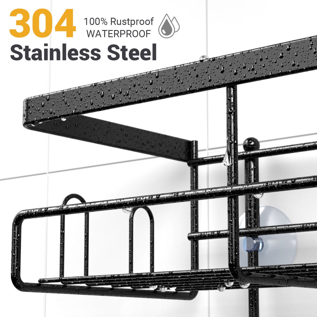 over Head: Stainless Steel Bathroom Organizer for Shampoo with Soap Holder, Hooks, Toothbrush Holder- Black - Image 3