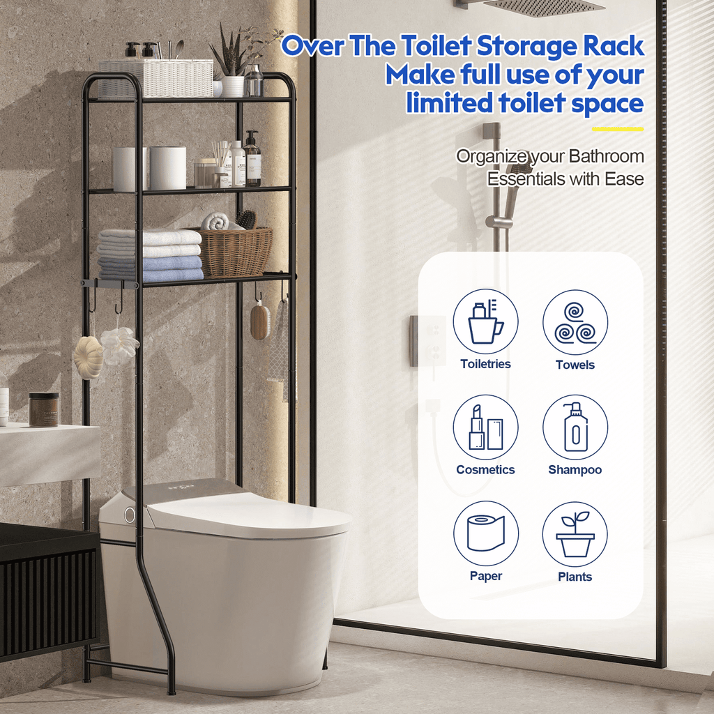 3 Over The Toilet Storage Rack, Bathroom Organizer Shelves Cabinet Above Toilet, Freestanding Shelf Space Saver, Black - Image 2