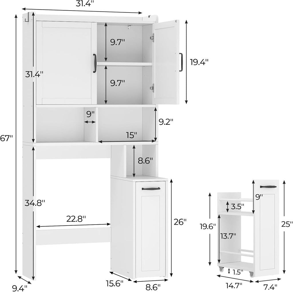 The Toilet Storage Cabinet with Pulley, Bathroom Storage Cabinet, with Adjustable Shelf and Open Shelf for Bathroom, ... - Image 5
