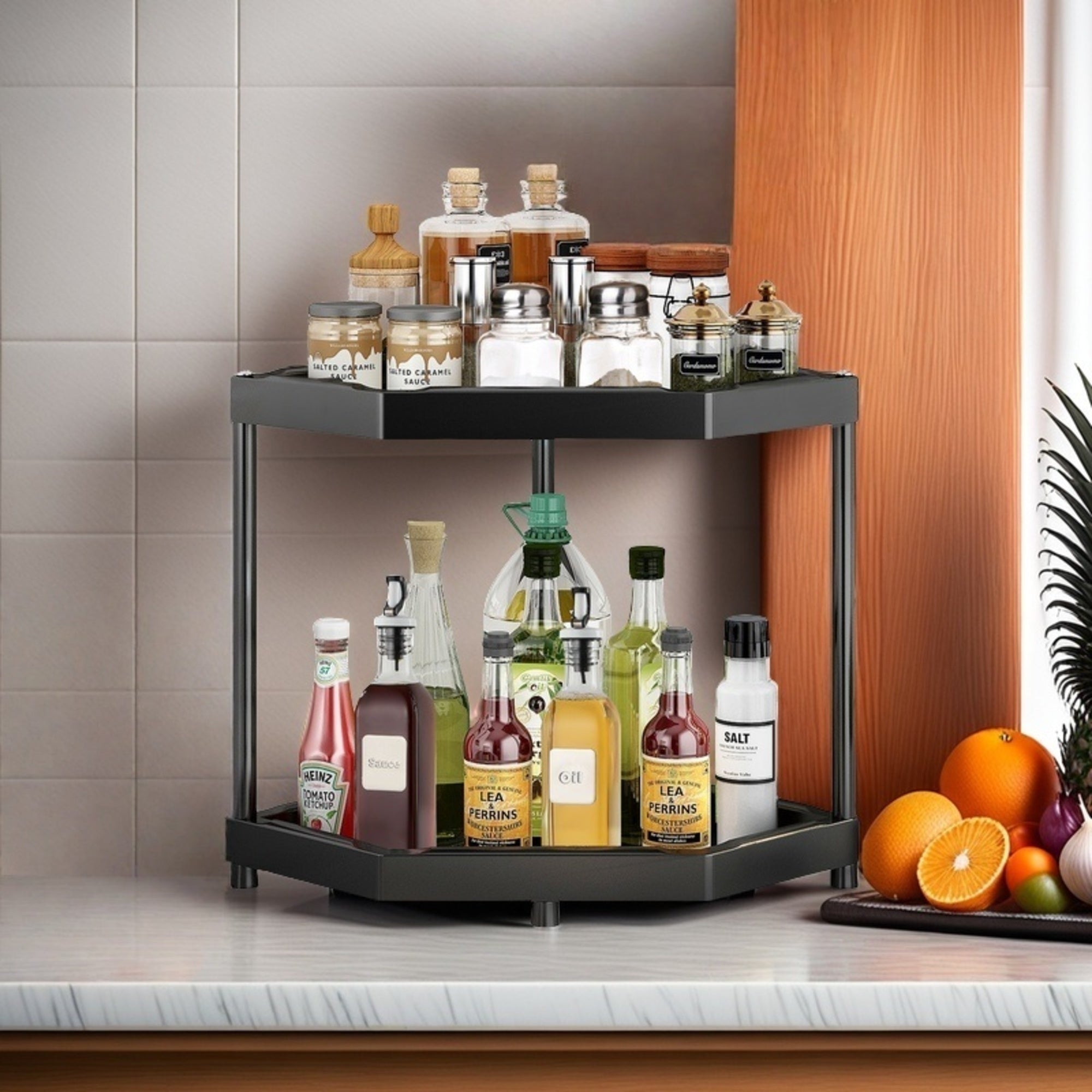 2 Corner Shelf Countertop Bathroom Counter Organizer Kitchen Storage Shelf Spice Rack Black - Image 2