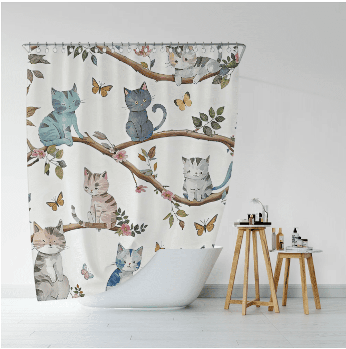 Kids Cute Cat Shower Curtain, Cartoon Pet Kitten Cute Watercolor Pattern Bathroom Shower Curtain Decor, Cute Animal F... - Image 5