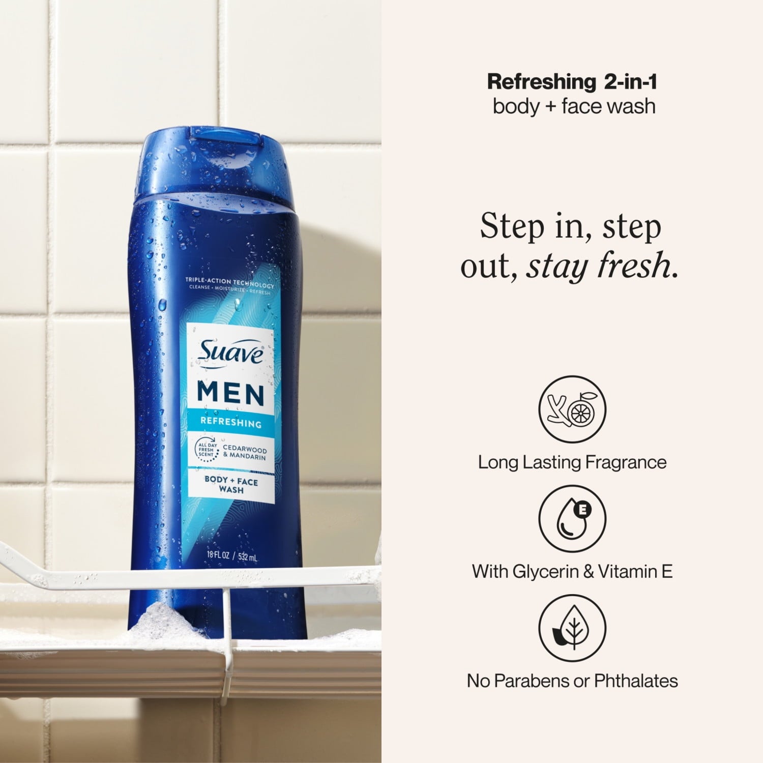 Suave Men Refreshing 2-in-1 Body & Face Wash with Glycerin & Vitamin E, 18 FL OZ - Image 2