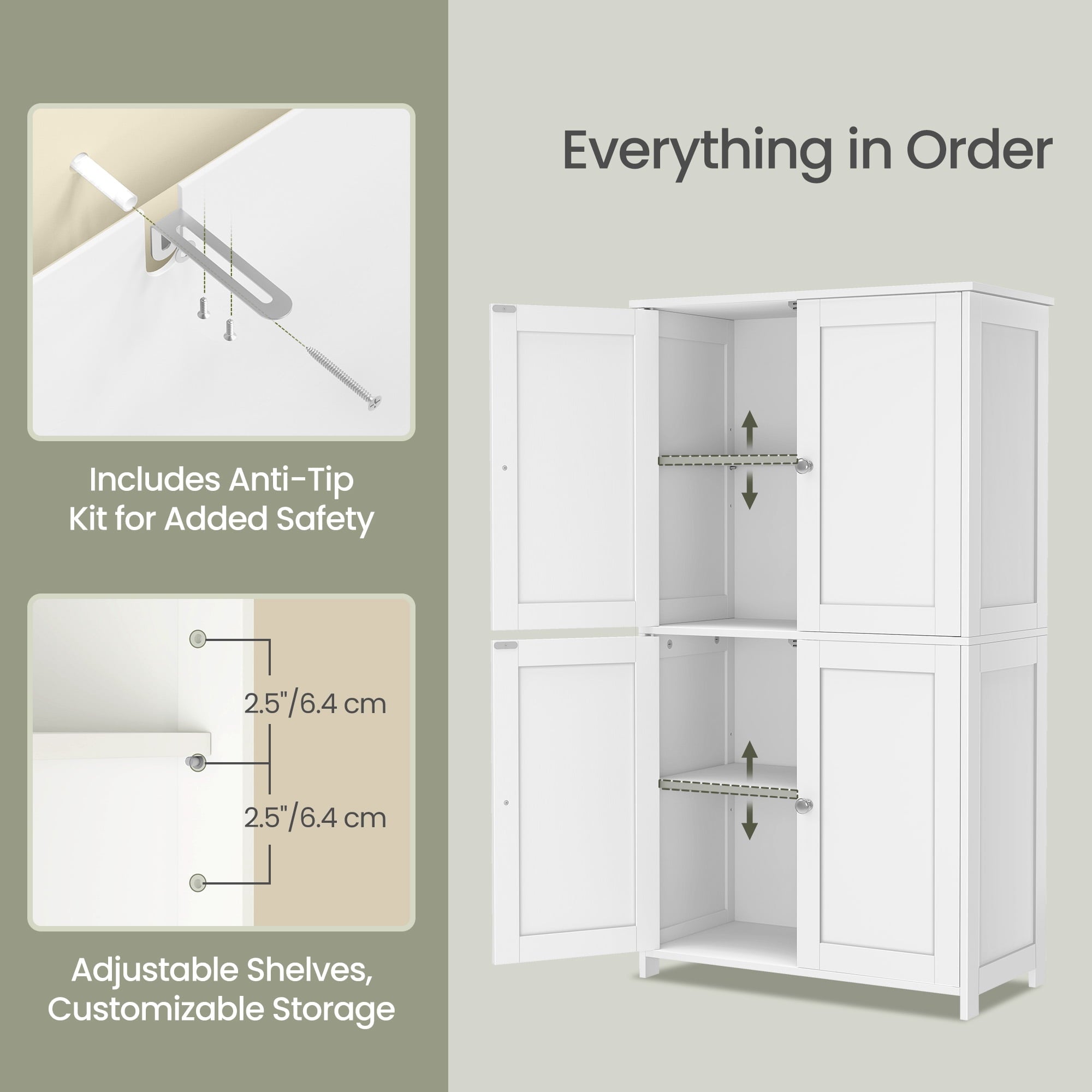LEDREM Bathroom Storage Floor Cabinet Organizer with Adjustable Shelf 4 Magnetic Doors Freestanding for Small Spaces,White - Image 5