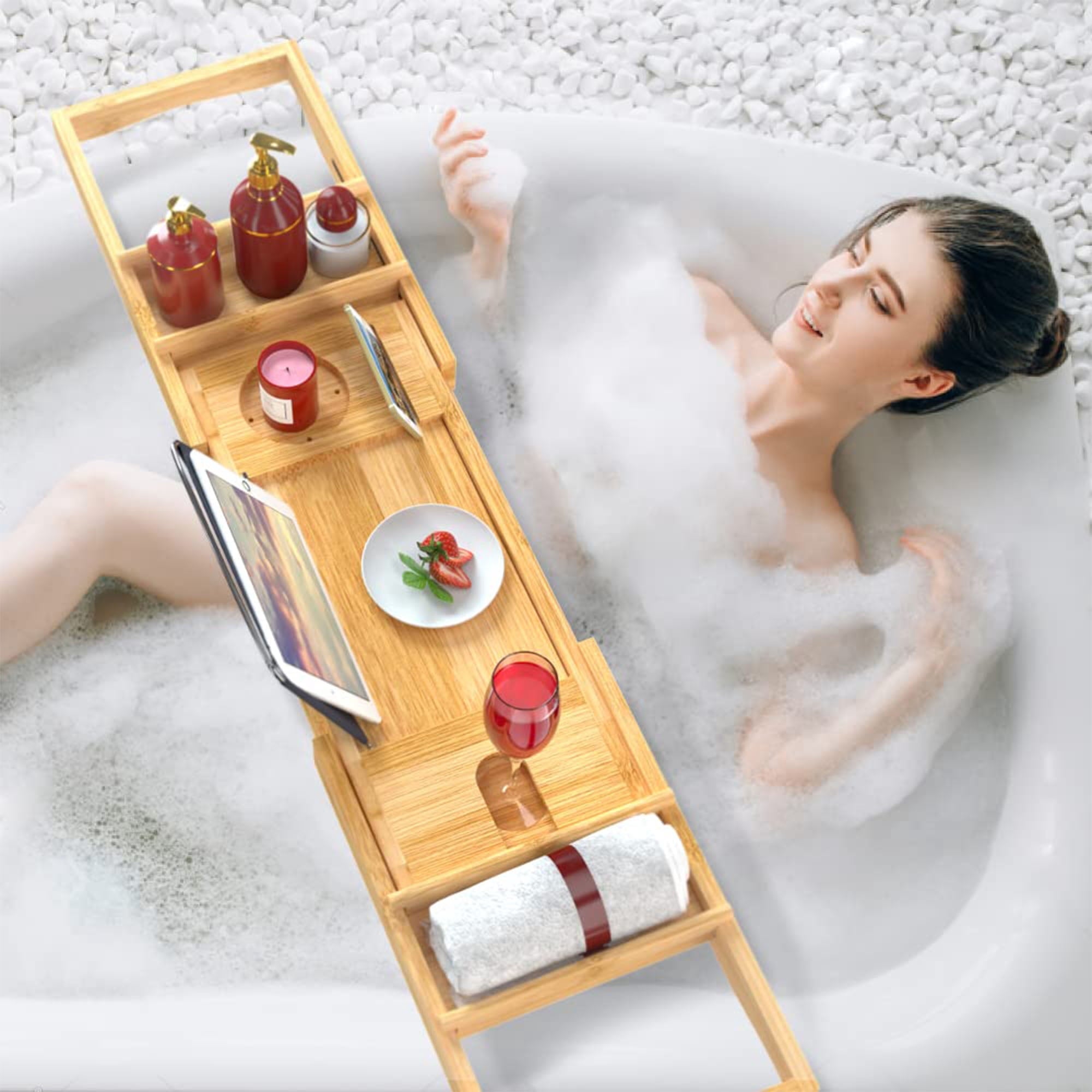 Bambloom Luxury Bathtub Tray,Bamboo Expandable Bath Tub Tray Table with Brush & Soap Holder,Natural - Image 2