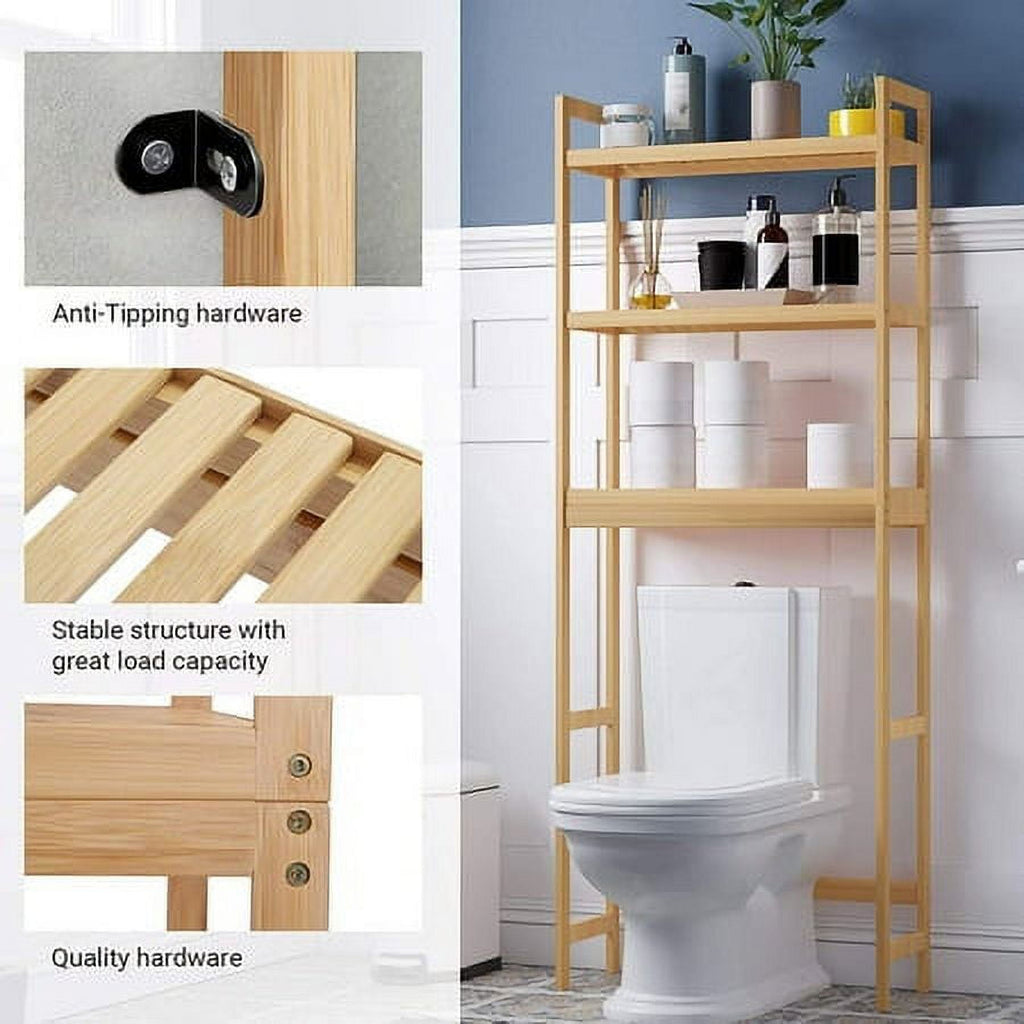 3-Tier The Toilet Storage Bamboo Toilet Shelf Bathroom Storage Organizer with Adjustable Shelf Natural - Image 4