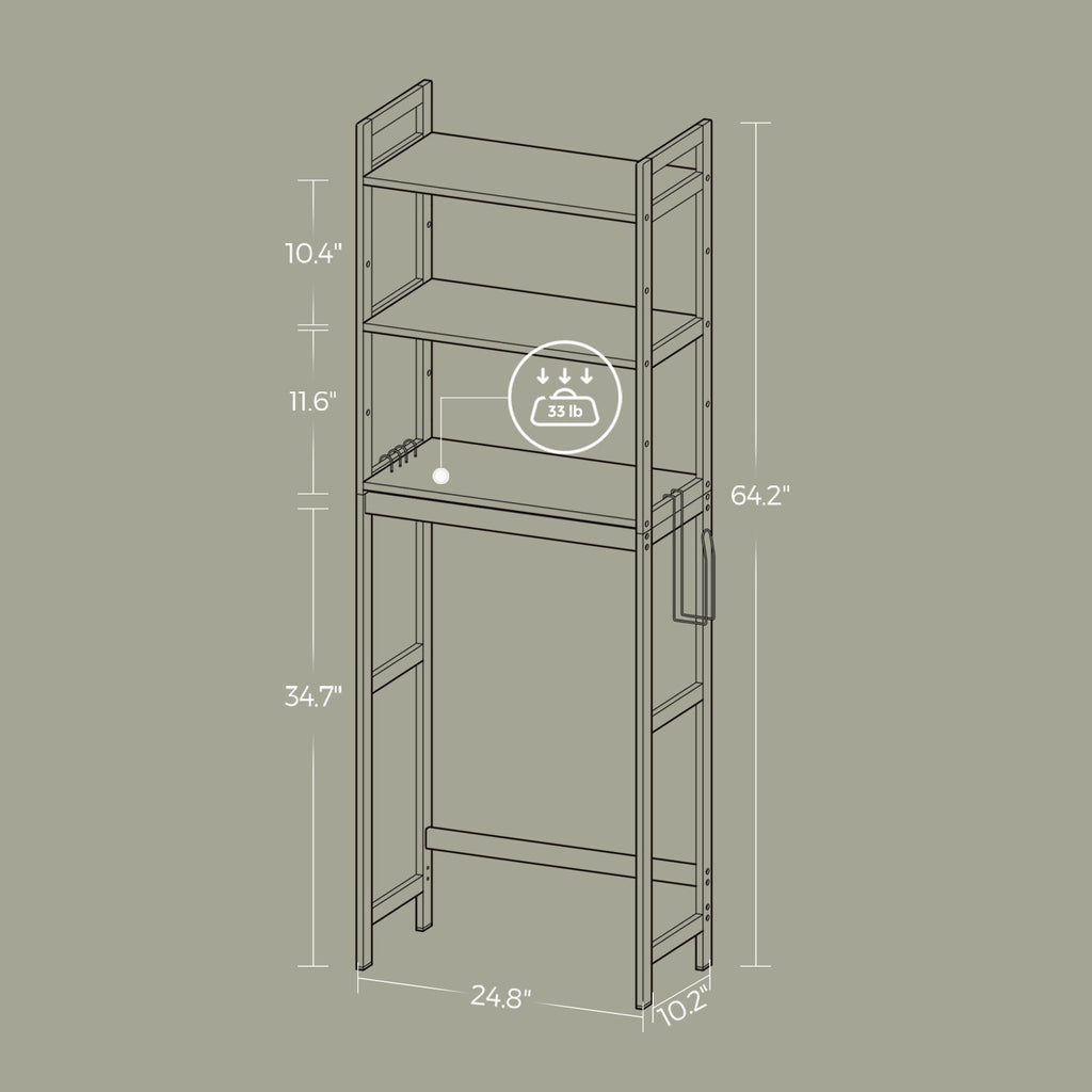 3-Tier Storage Organizer with Adjustable Shelves & Hooks, Bamboo Bathroom Shelving Unit, Heather Greige and Ink Black - Image 4