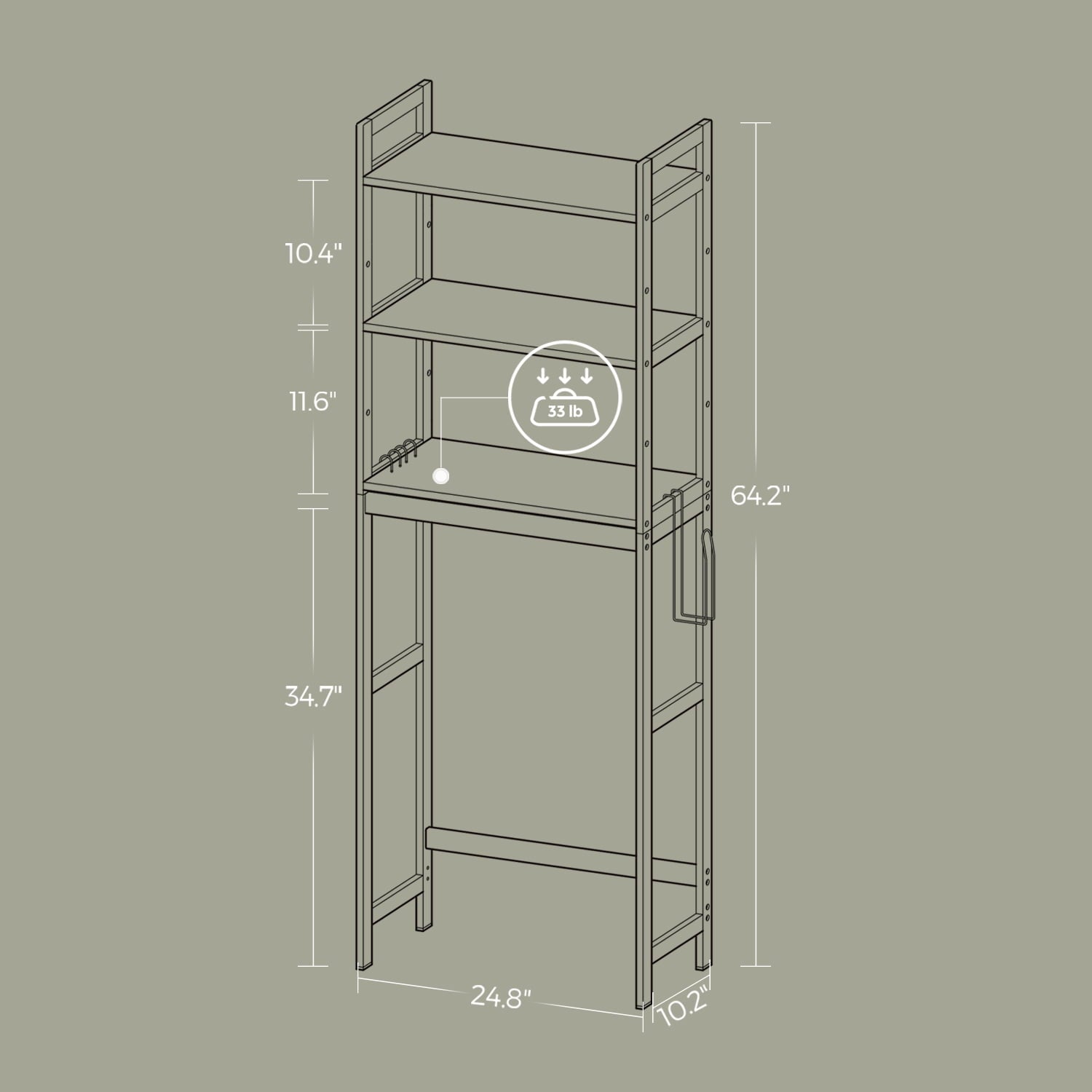 3-Tier Storage Organizer with Adjustable Shelves & Hooks, Bamboo Bathroom Shelving Unit, Heather Greige and Ink Black - Image 4