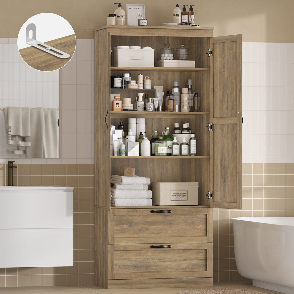 Bathroom Storage Cabinet, Farmhouse Linen Storage Cabinet with 2 Drawers, Rustic Brown - Image 6
