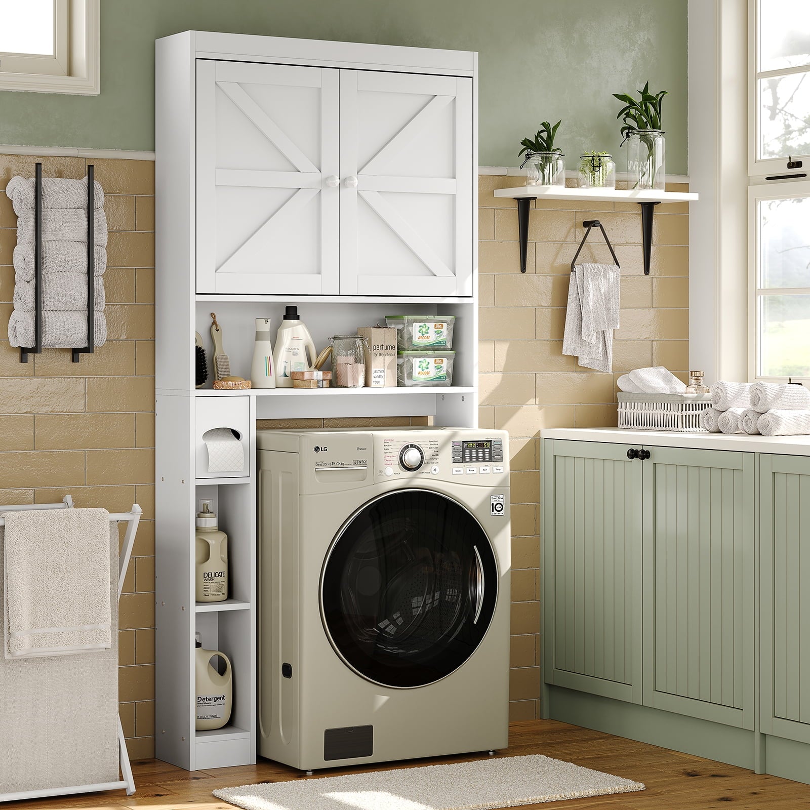 The Toilet Storage Cabinet with Barn Doors, Farmhouse Bathroom Toilet Shelf Space Saver with Toilet Paper Holder, White - Image 2