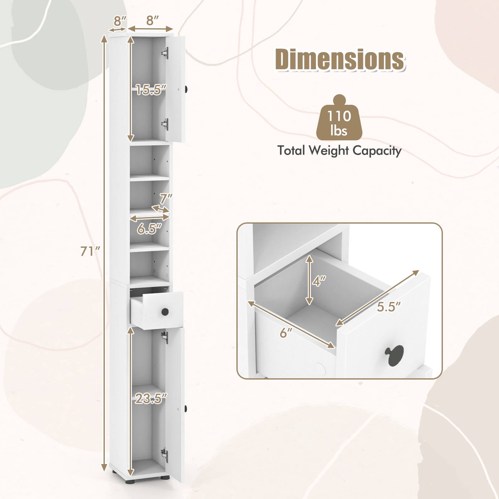 Costway Tall Slim Bathroom Storage Cabinet Linen Towerwith Drawer & Adjustable Shelves White - Image 3