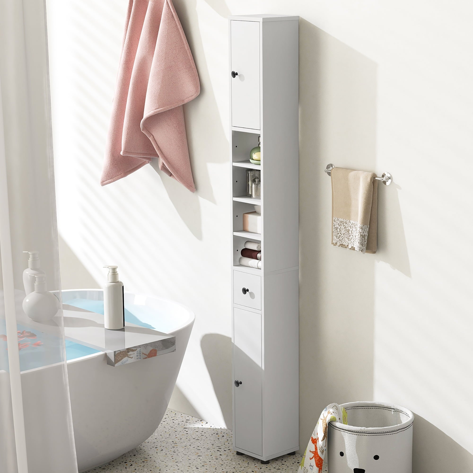 Bathroom Storage Cabinet Linen Tower w/ Drawer & Adjustable Shelves - Image 4
