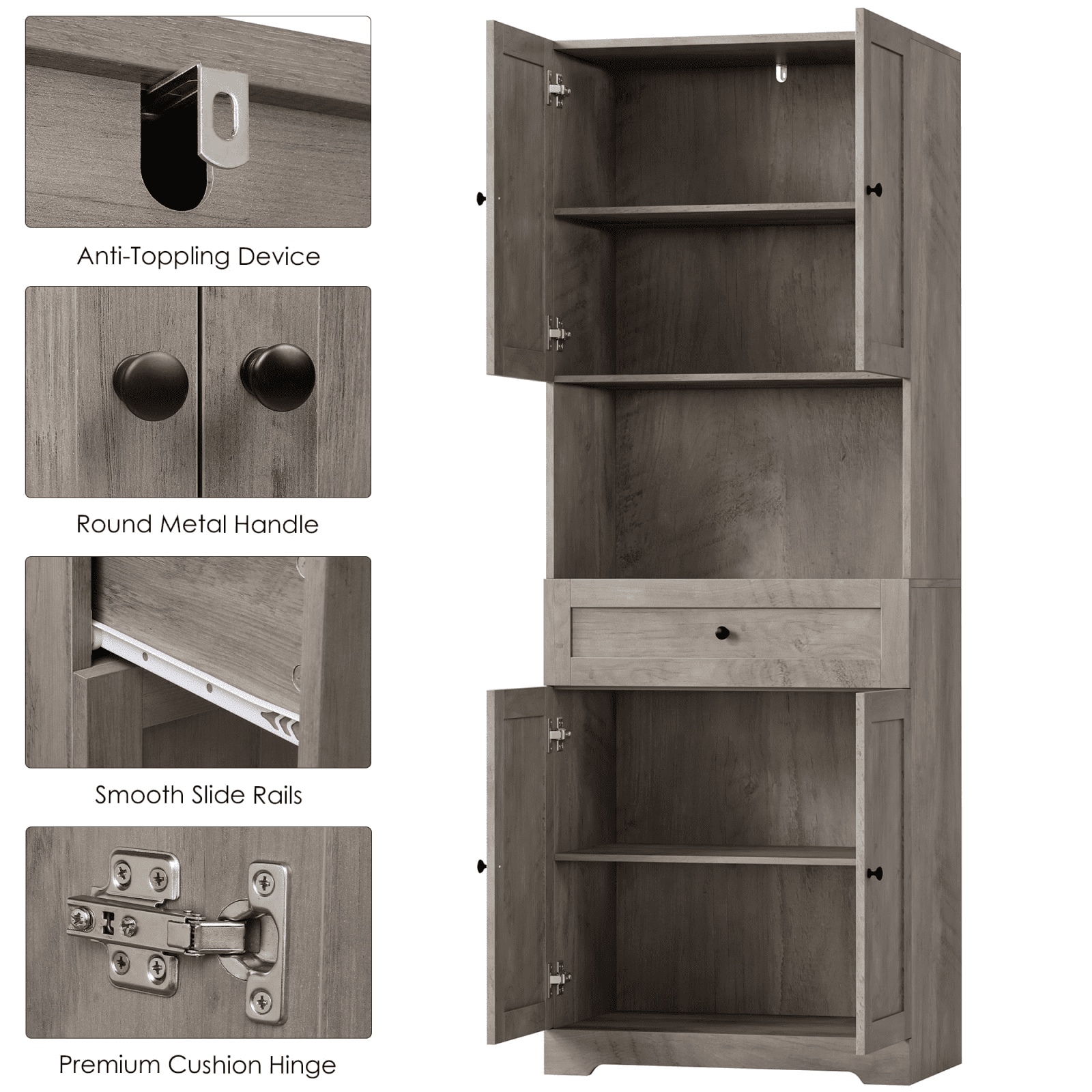 Homfa 67.5" Tall Farmhouse Bathroom Storage Cabinet with Drawer, 4 Door Modern Freestanding Storage Cabinet Cupboard, Gray - Image 5