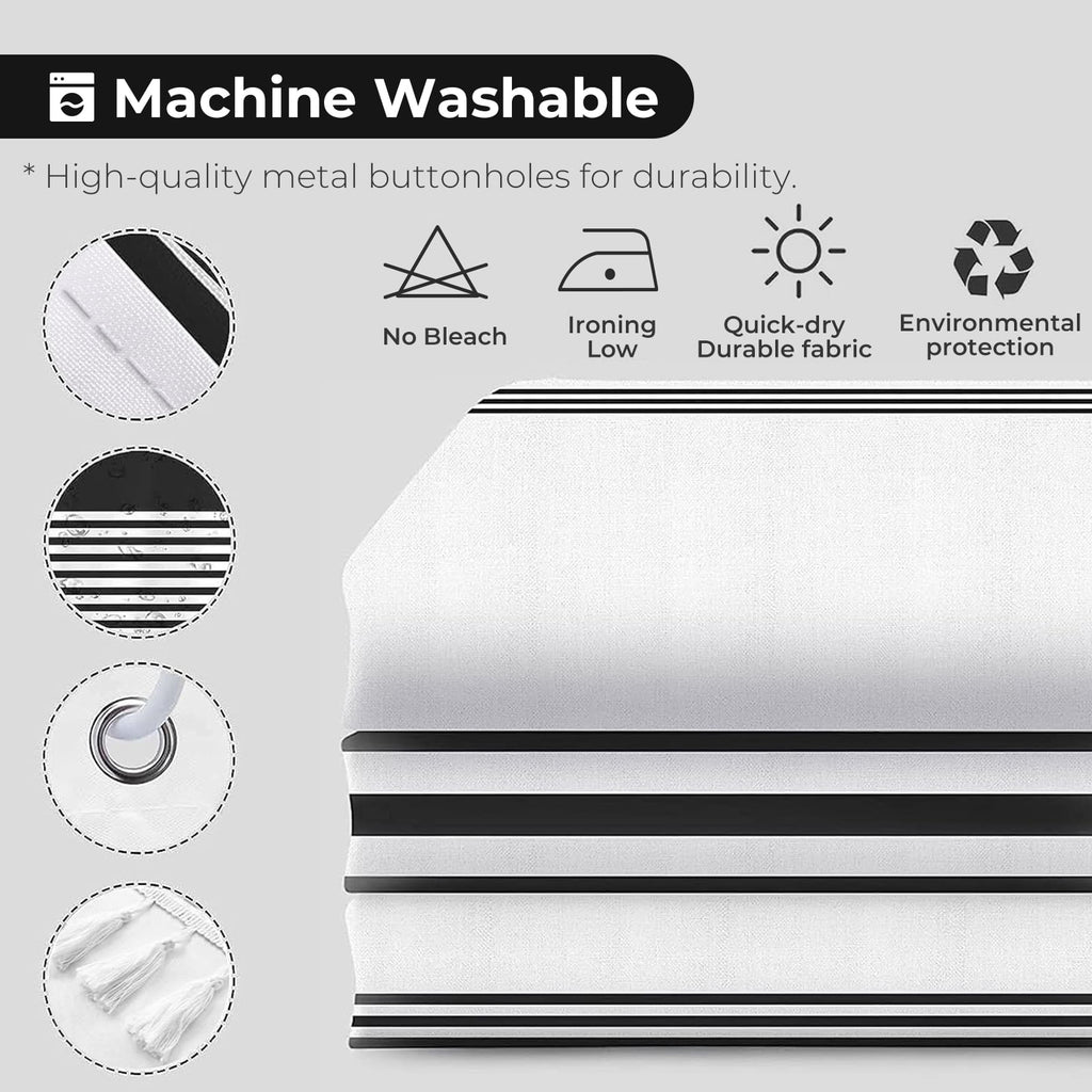Striped with Tassel Modern Bathroom s, Fabric Black and White Waterproof, 12 pcs Hooks,72x72 inch - Image 3