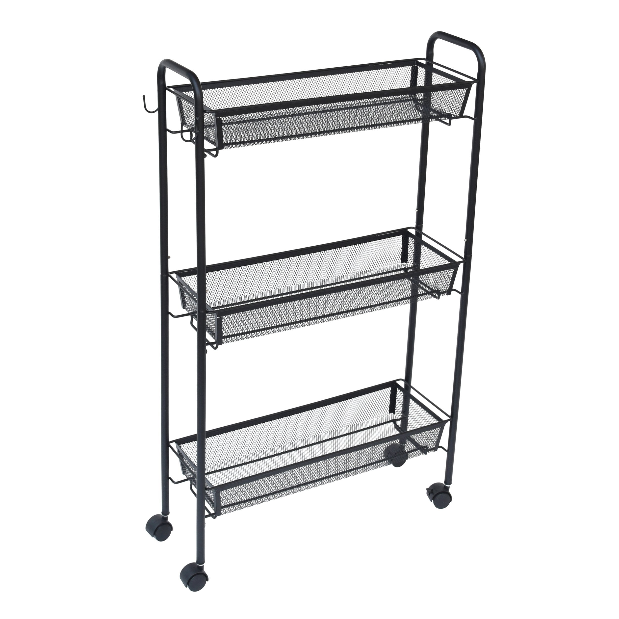 3-Tier Rolling Bathroom Storage Cart with Hooks, Black - Image 4