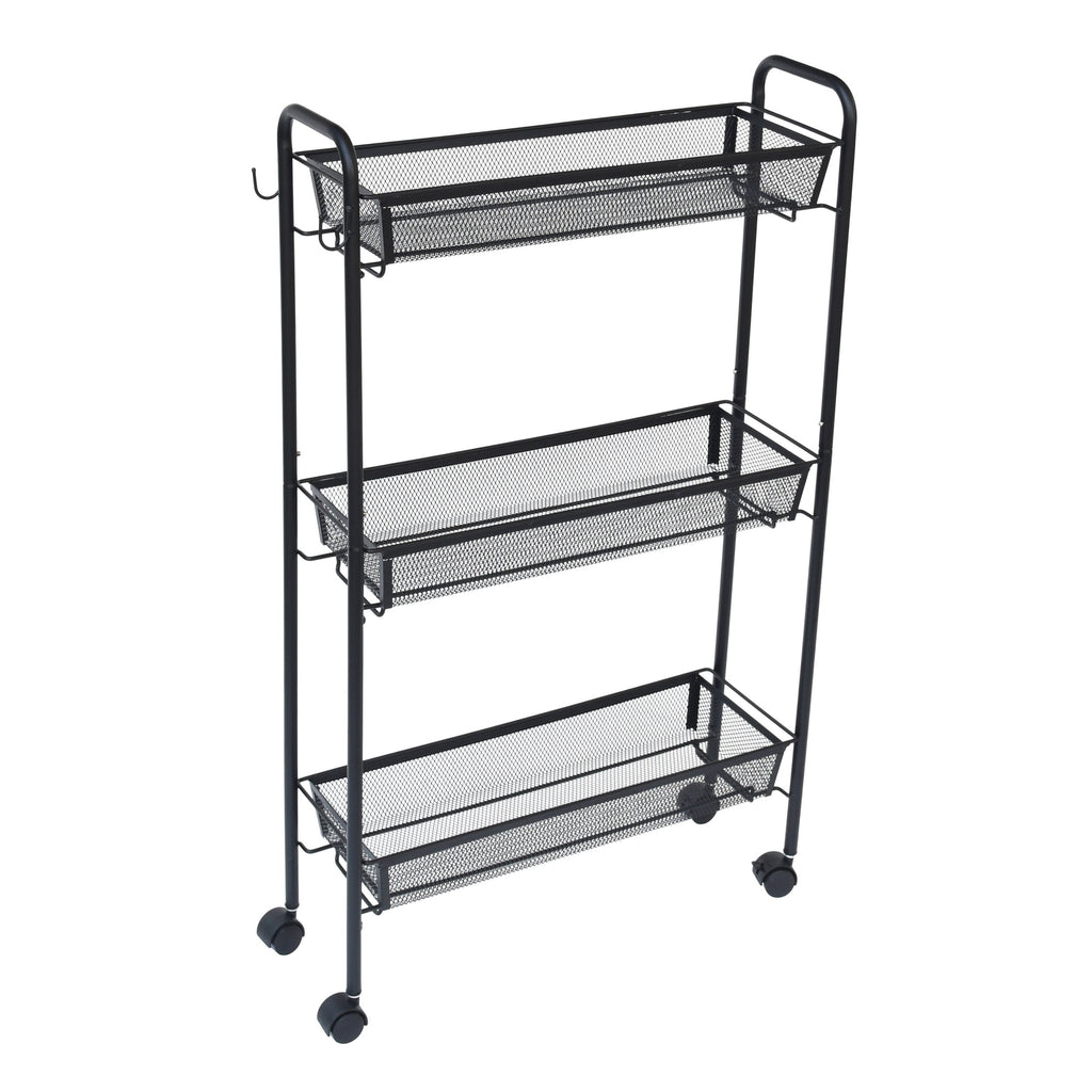 3-Tier Rolling Bathroom Storage Cart with Hooks, Black - Image 4