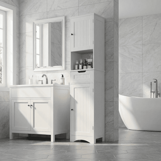 Bathroom Storage Cabinet, White Linen Cabinet, Narrow Tall Cabinet Storage Tower with Door ,Drawer and Open Storage -... - Image 3