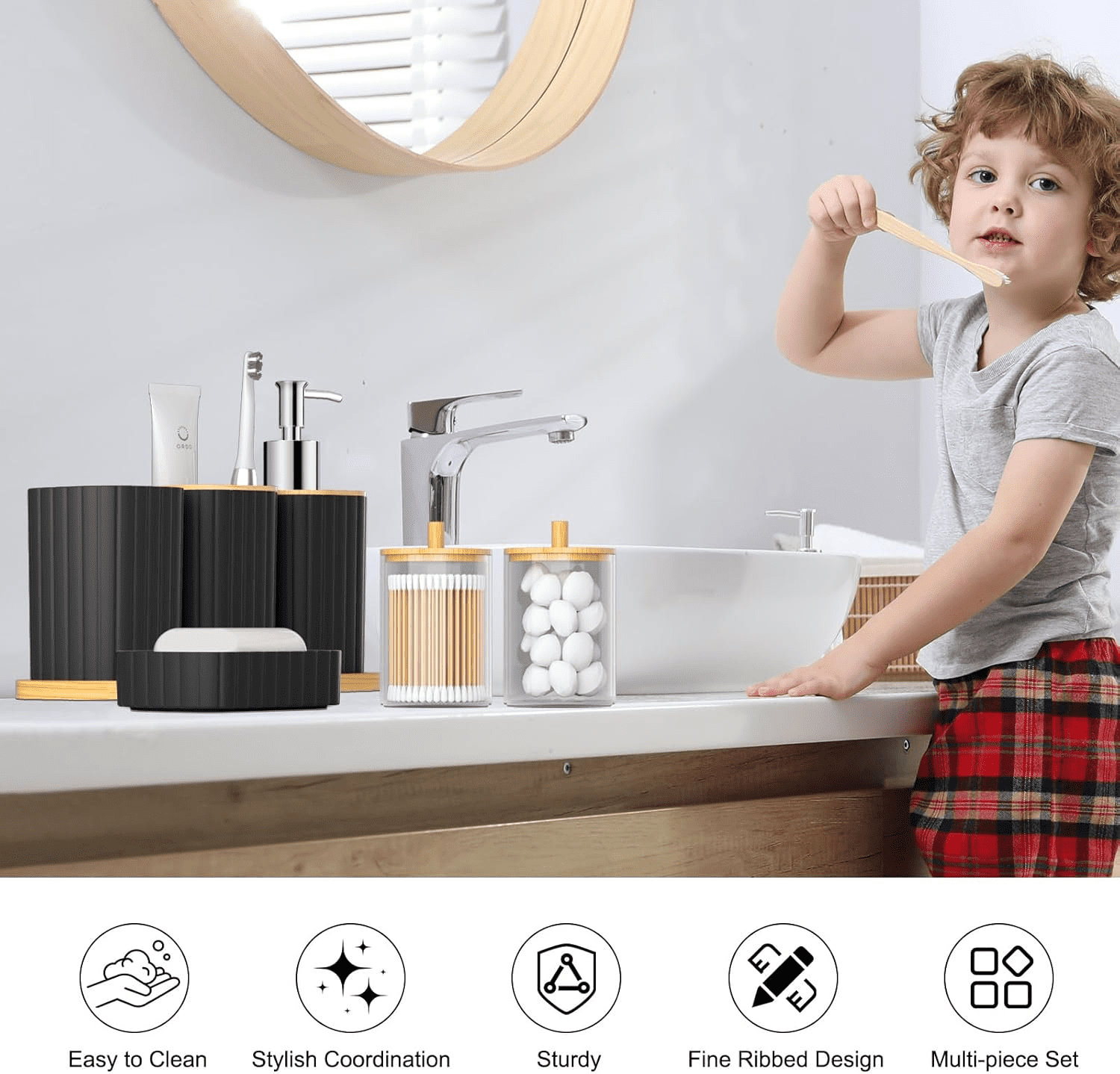 Bathroom Accessories Set-22 PCS Bathroom Set with Shower Curtain and Hooks, Toilet Brush, Trash Can & Soap Dish, Black - Image 3