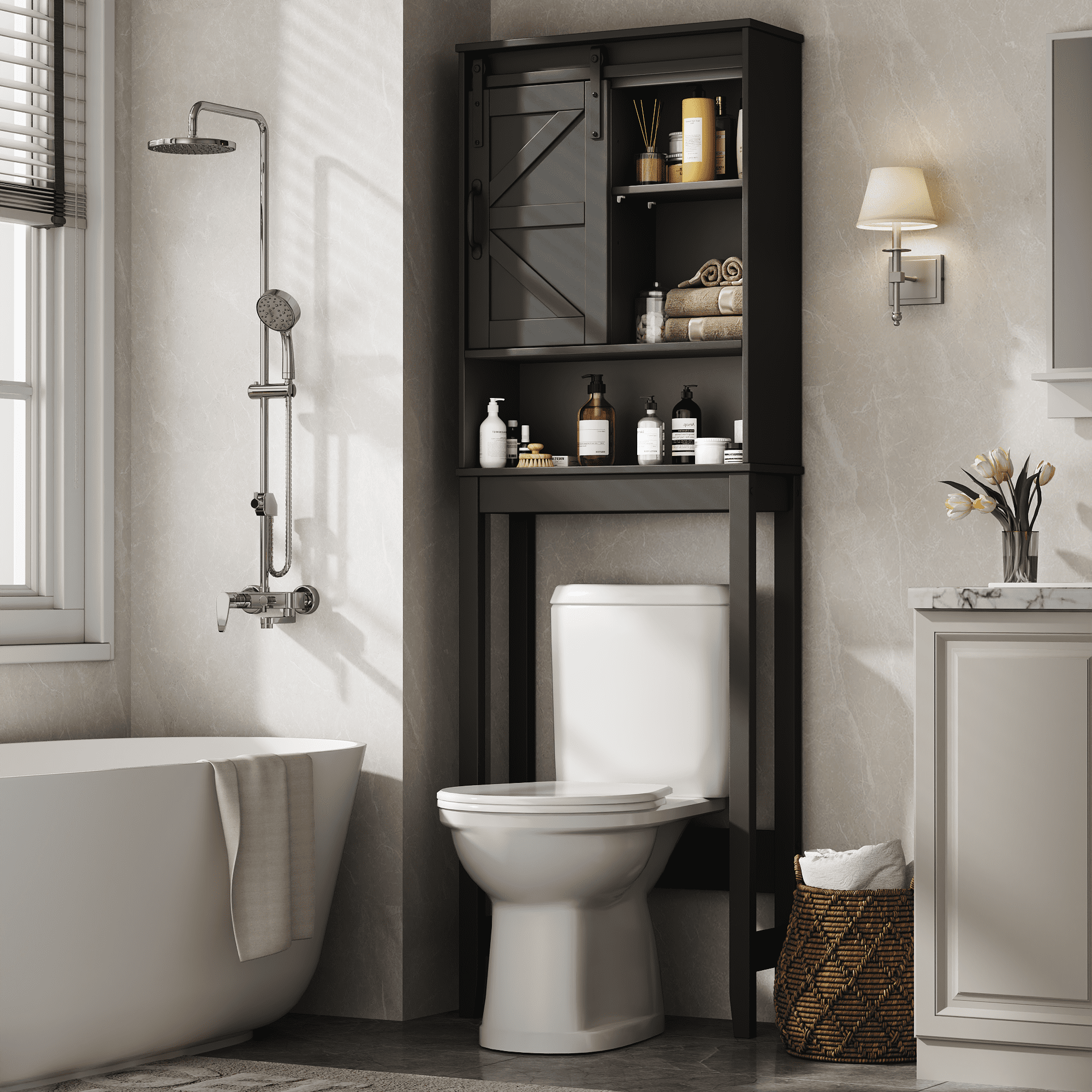 the Toilet Storage Cabinet, Rustic Storage Cabinet Toilet with Sliding Barn Door & Adjustable Shelves, Farmhouse Spac... - Image 2