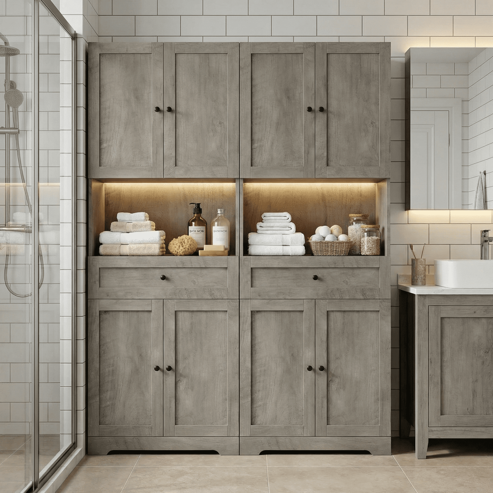 Homfa 67.5" Tall Farmhouse Bathroom Storage Cabinet with Drawer, 4 Door Modern Freestanding Storage Cabinet Cupboard, Gray - Image 2