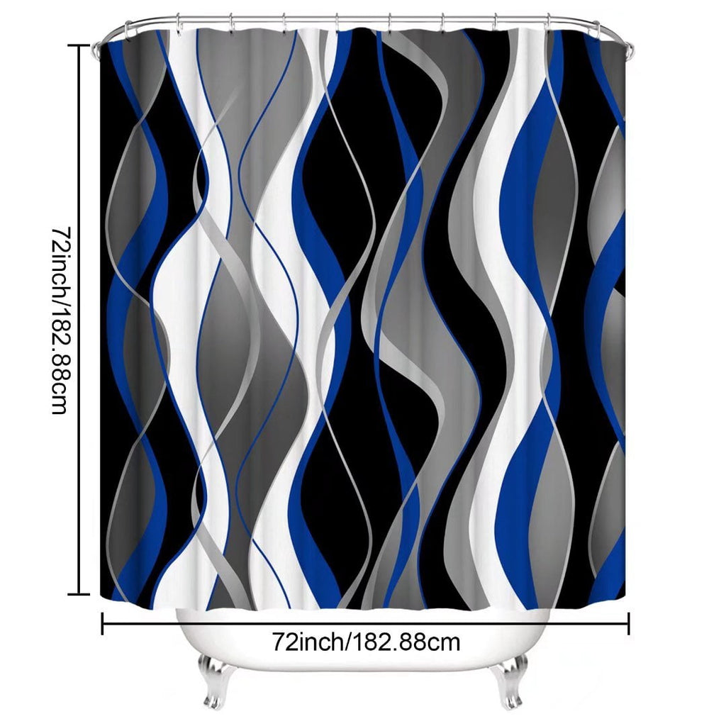 4Pcs Blue Shower Curtain Sets with Non-Slip Rugs, Toilet Lid Cover and Bath Mat, Black and Gray Bathroom Decor Set Ac... - Image 3